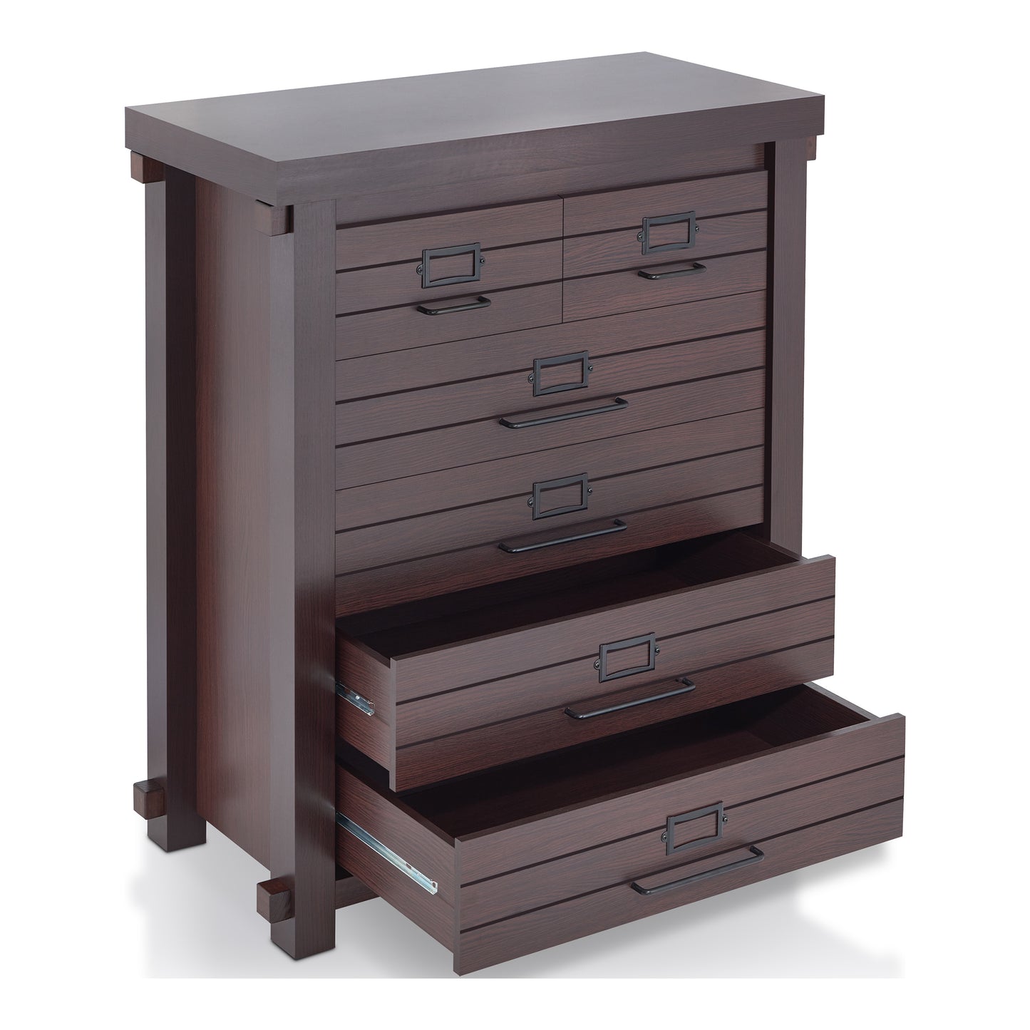 Right angled rustic espresso six-drawer plank chest dresser with two lower drawers open on a white background