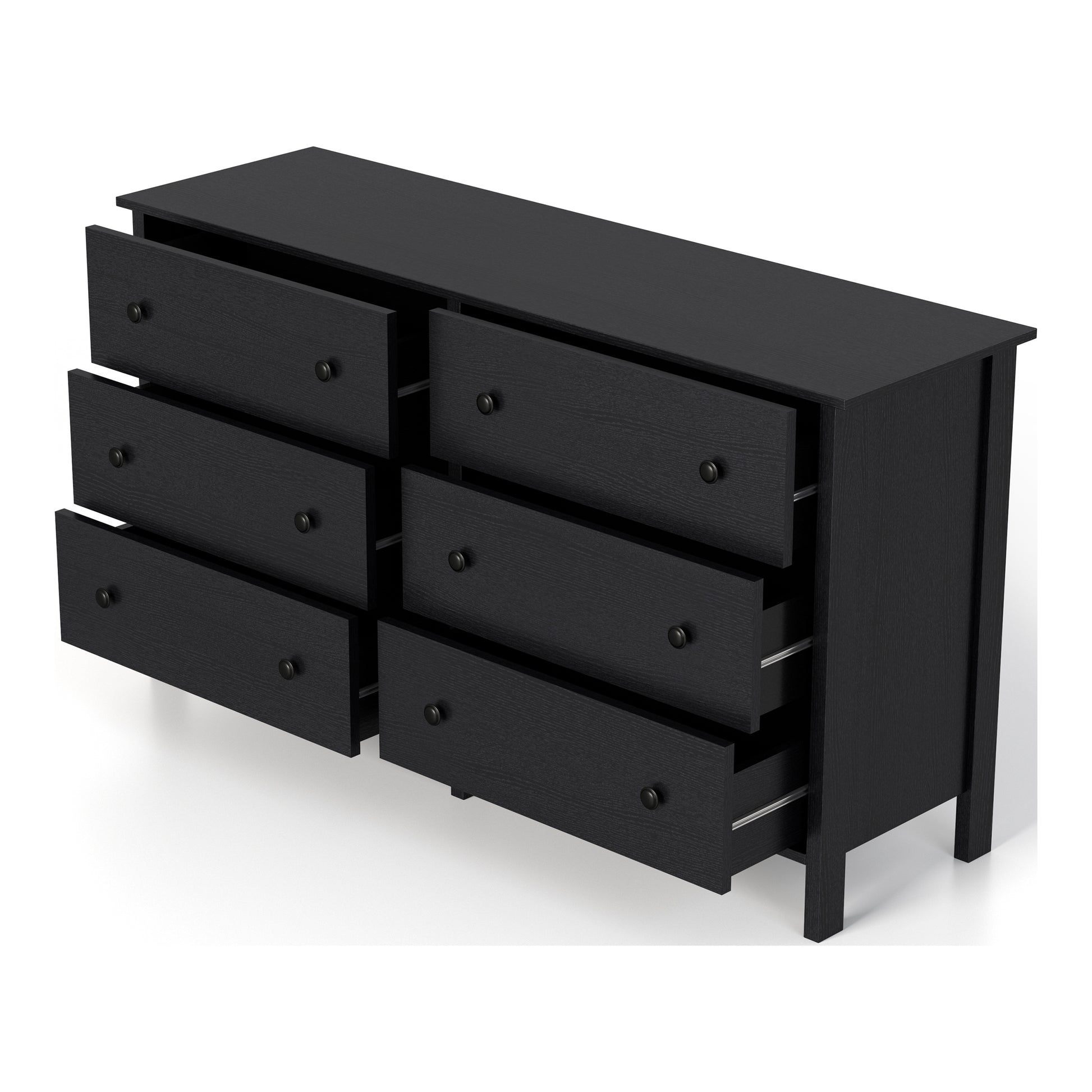 Left angled transitional black six-drawer youth dresser with all drawers open on a white background
