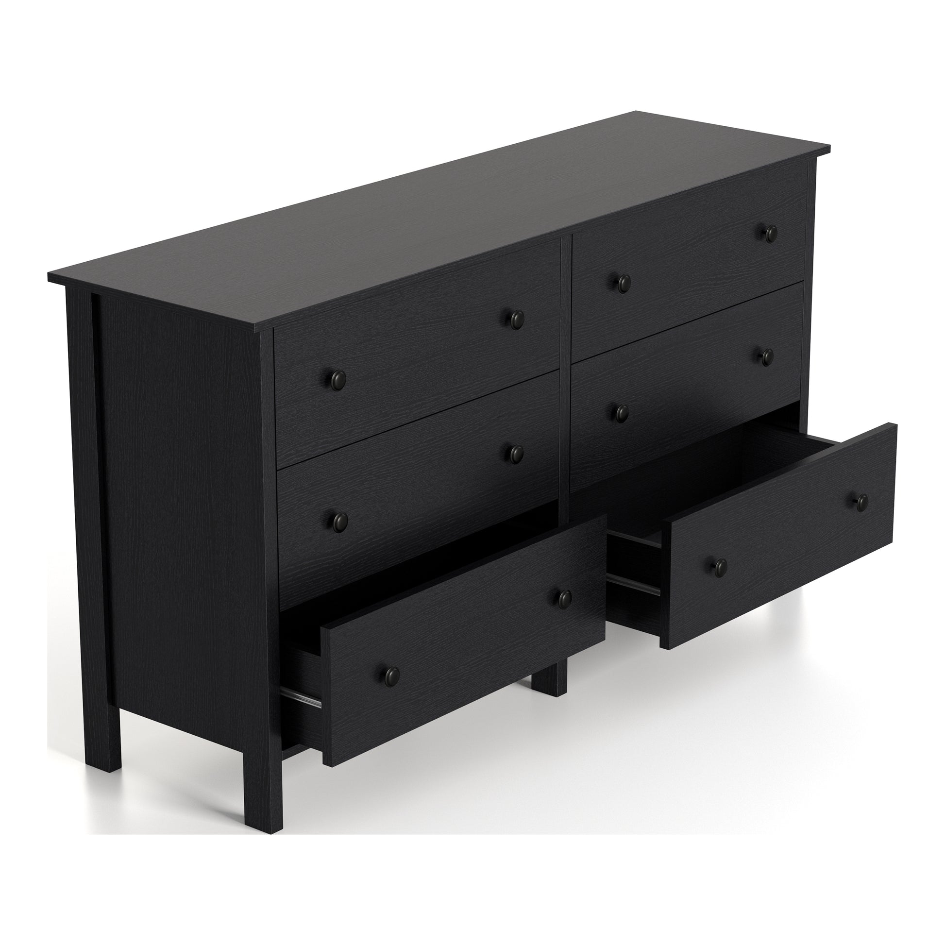 Right angled transitional black six-drawer youth dresser with bottom drawers open on a white background