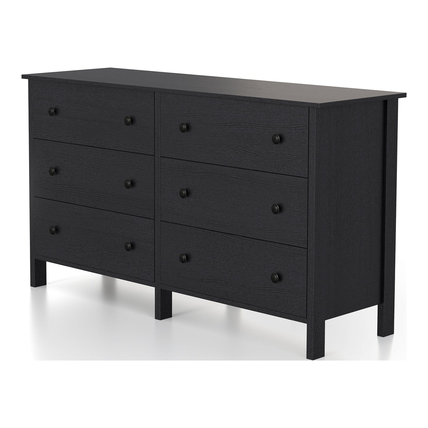 Left angled transitional black six-drawer youth dresser on a white background