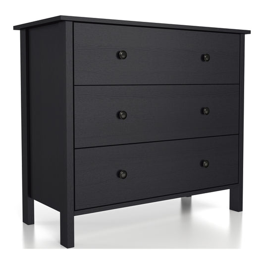 Right angled transitional black three-drawer youth dresser on a white background