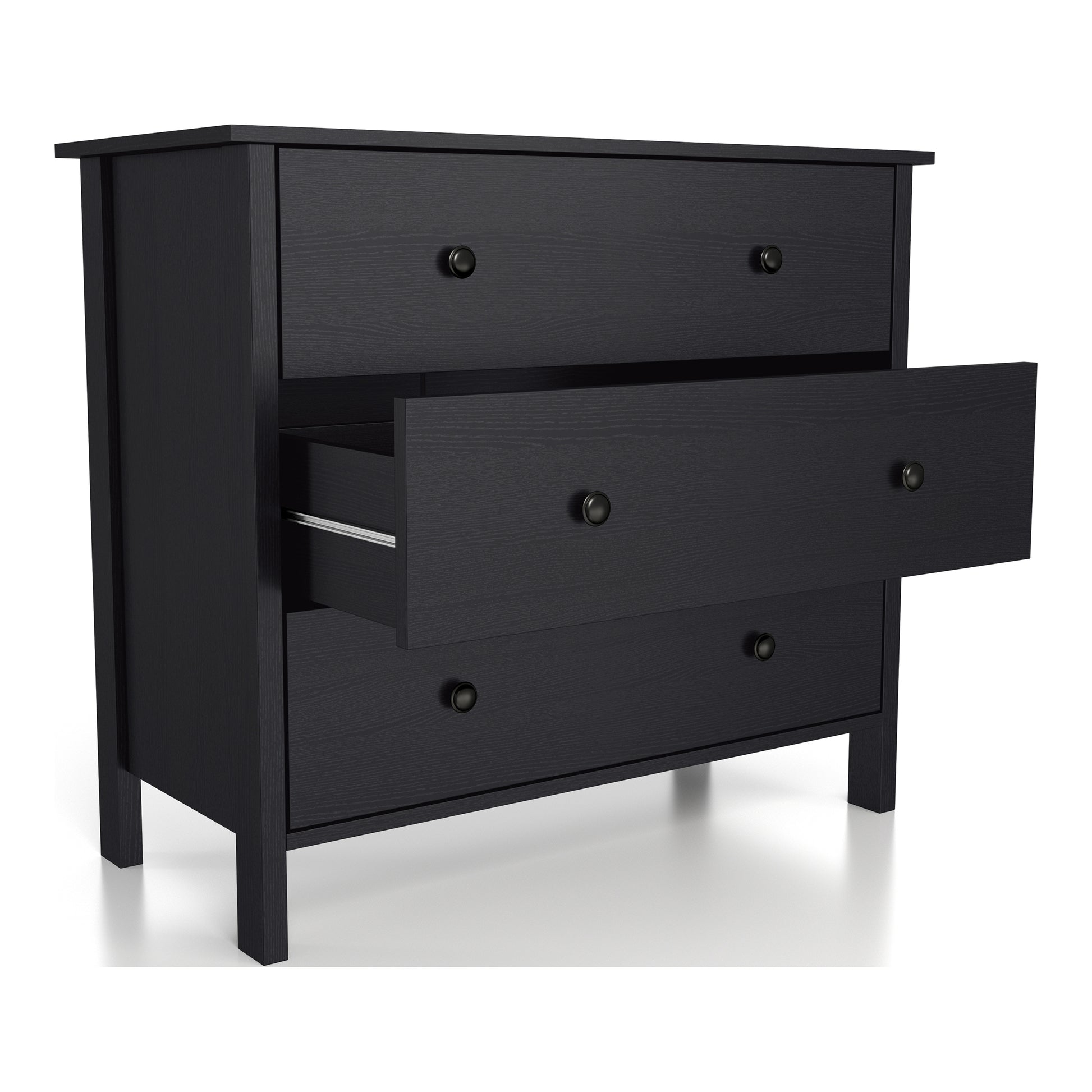 Right angled transitional black three-drawer youth dresser with middle drawer open on a white background