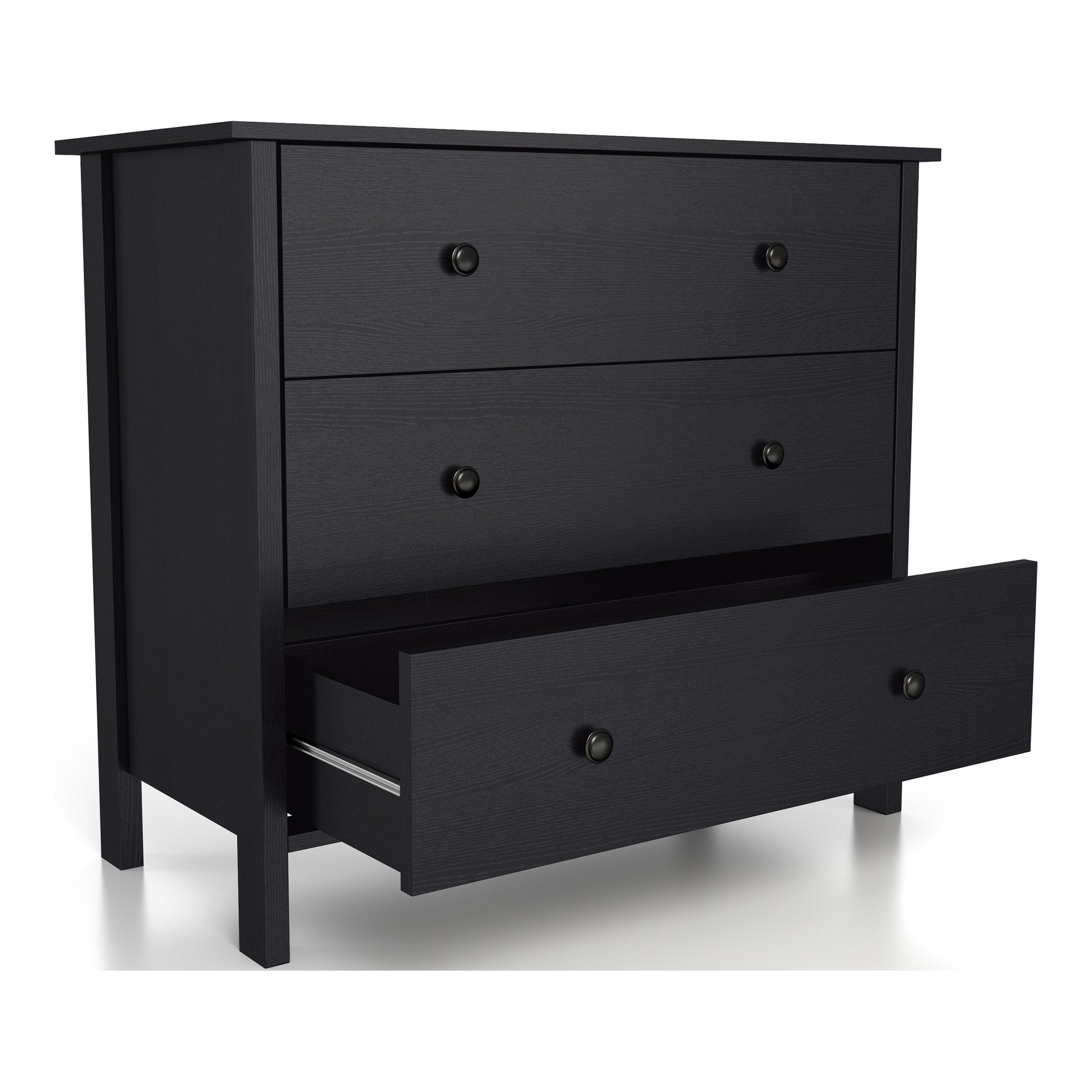 Right angled transitional black three-drawer youth dresser with bottom drawer open on a white background