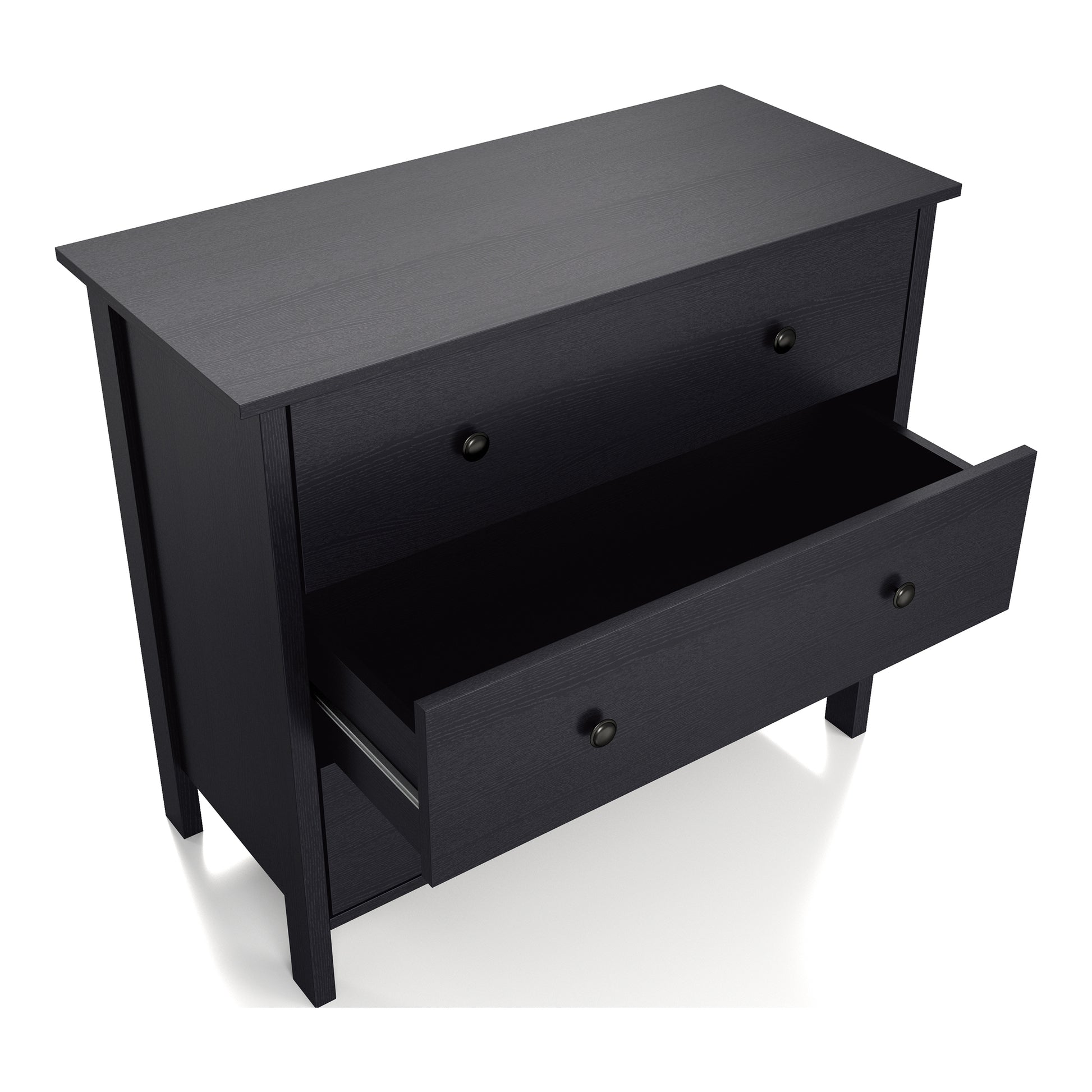 Right angled bird's eye view of a transitional black three-drawer youth dresser with middle drawer open on a white background
