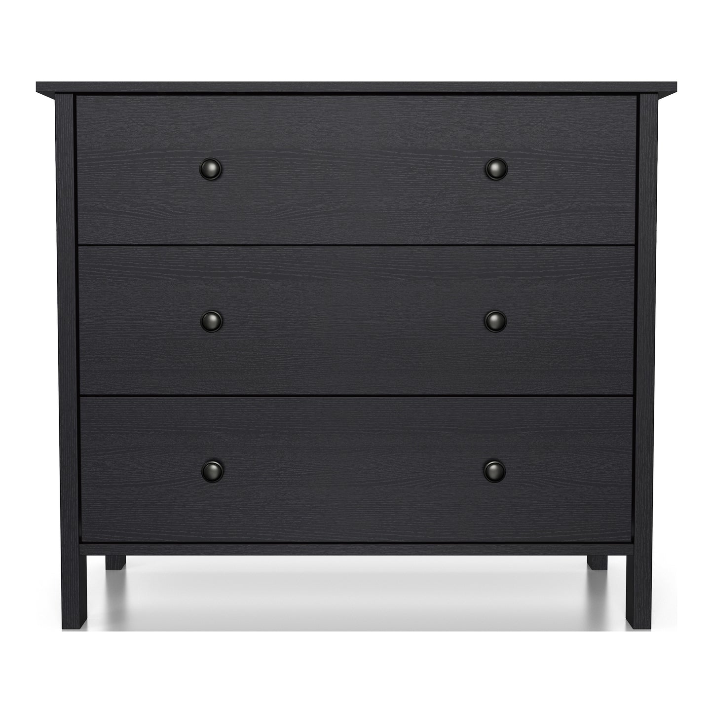 Front-facing transitional black three-drawer youth dresser on a white background