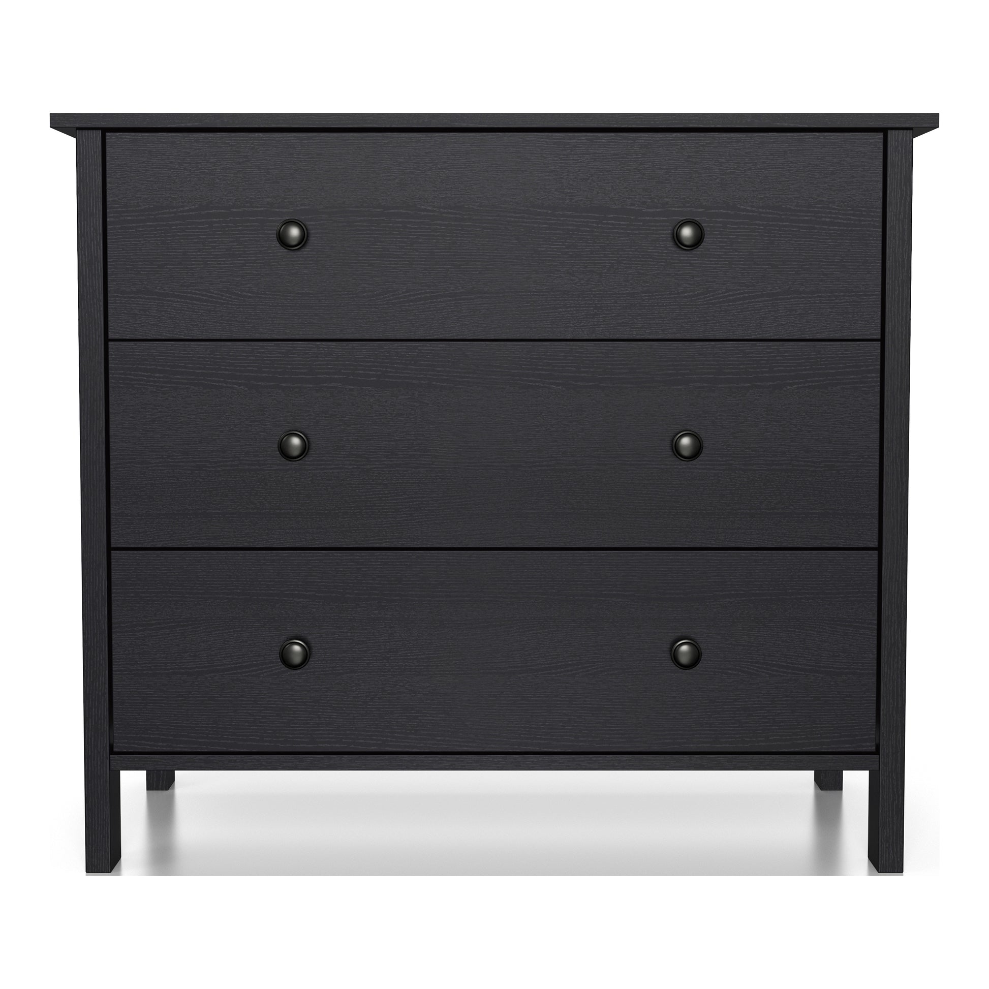 Front-facing transitional black three-drawer youth dresser on a white background
