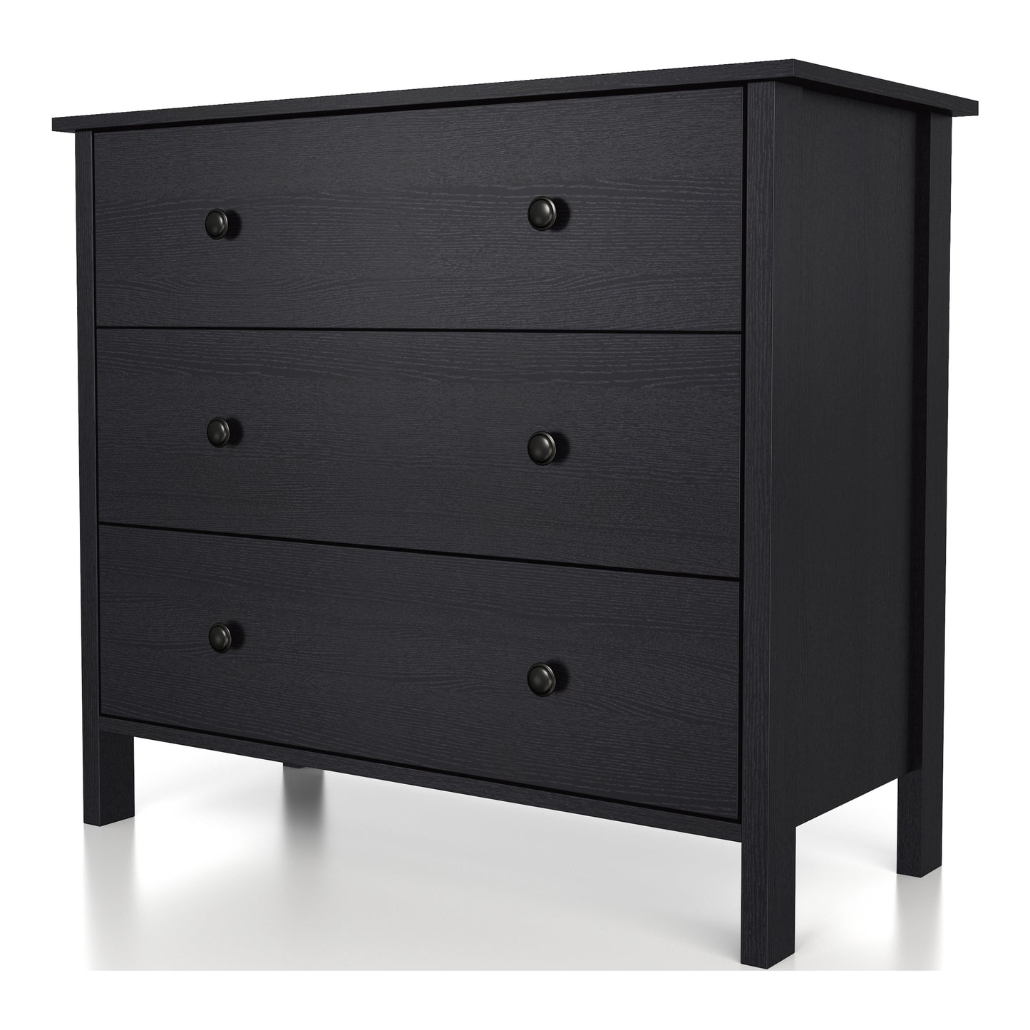 Left angled transitional black three-drawer youth dresser on a white background