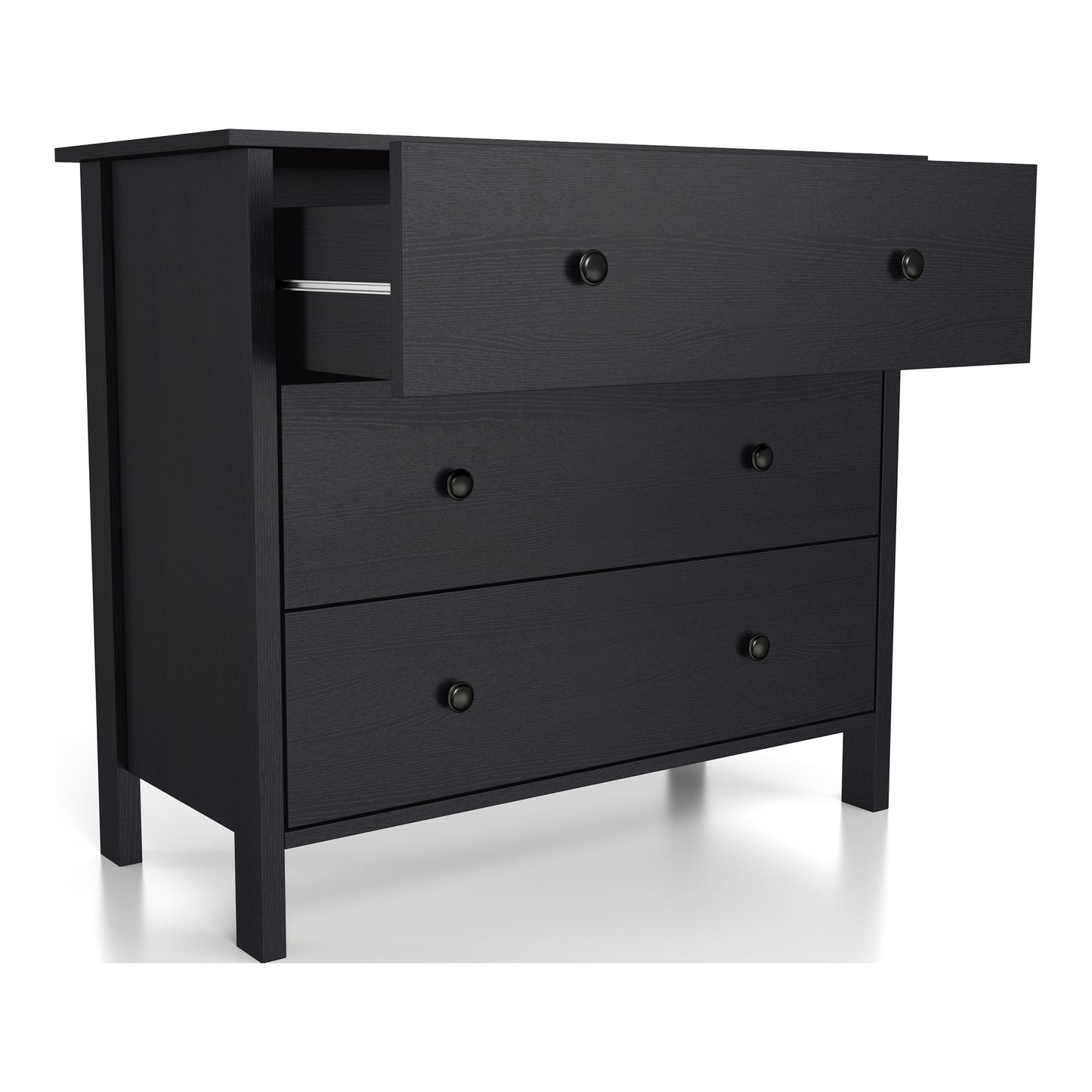 Right angled transitional black three-drawer youth dresser with top drawer open on a white background