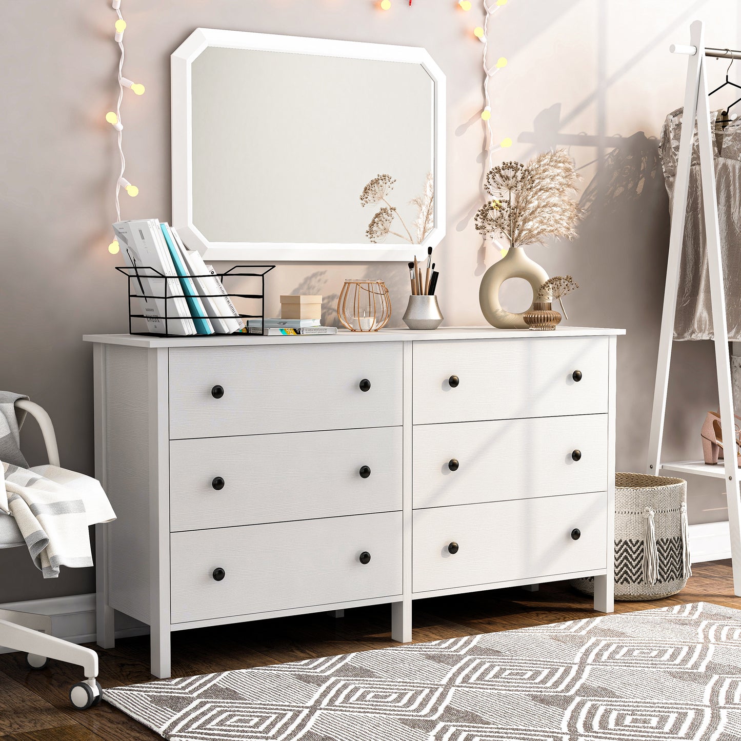 Right angled transitional white six-drawer youth dresser in a bedroom with accessories