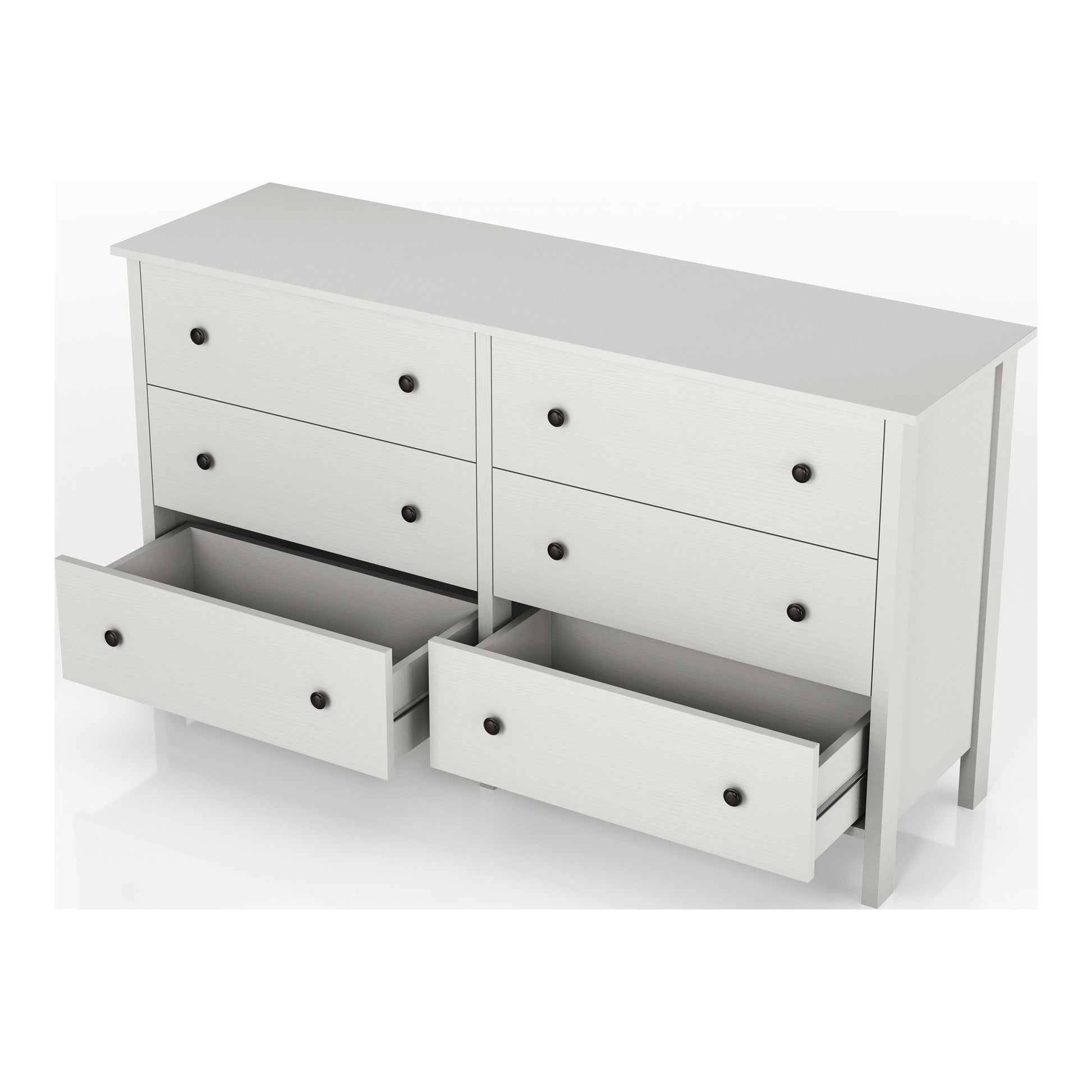 Left angled transitional white six-drawer youth dresser with two bottom drawers open on a white background