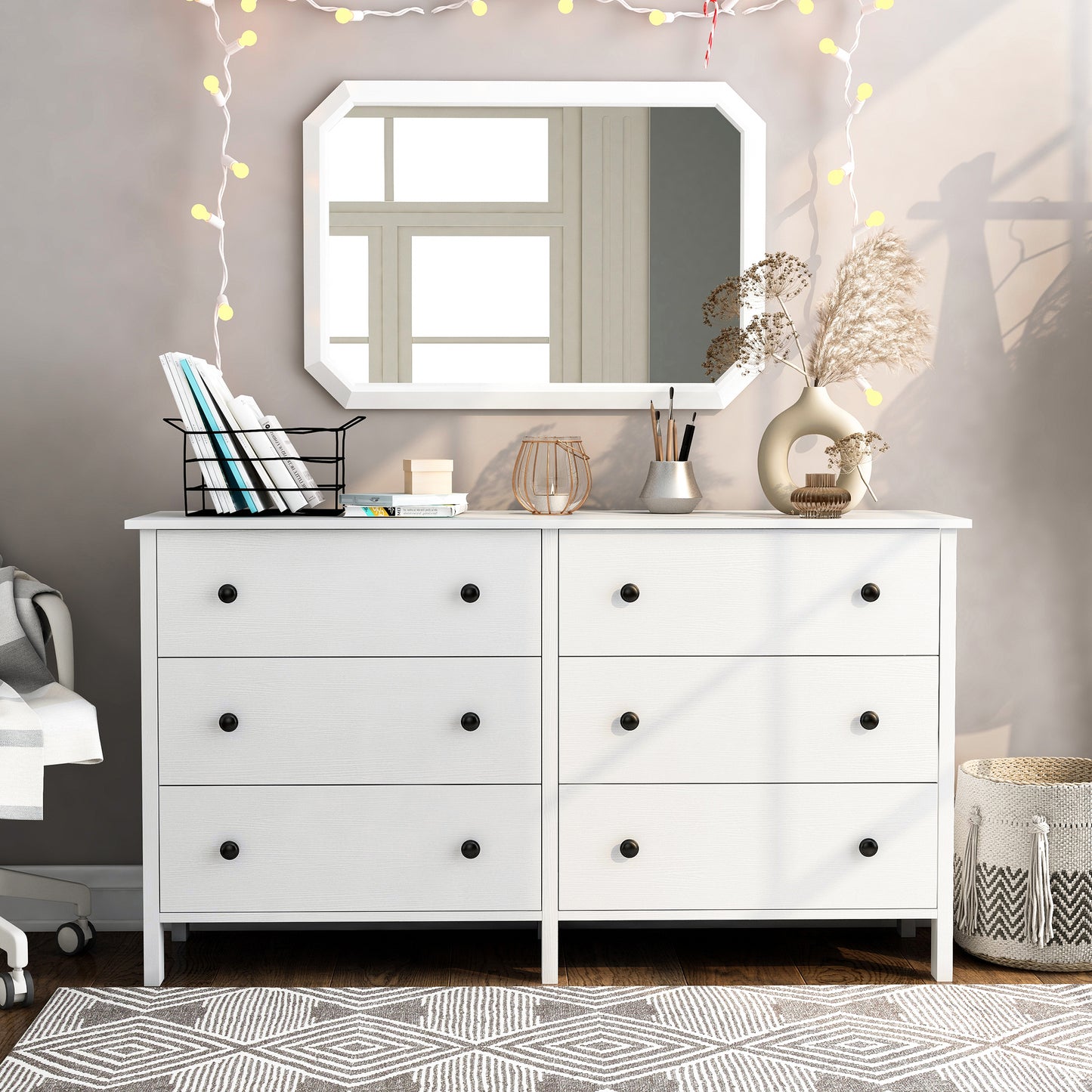 Front-facing transitional white six-drawer youth dresser in a bedroom with accessories
