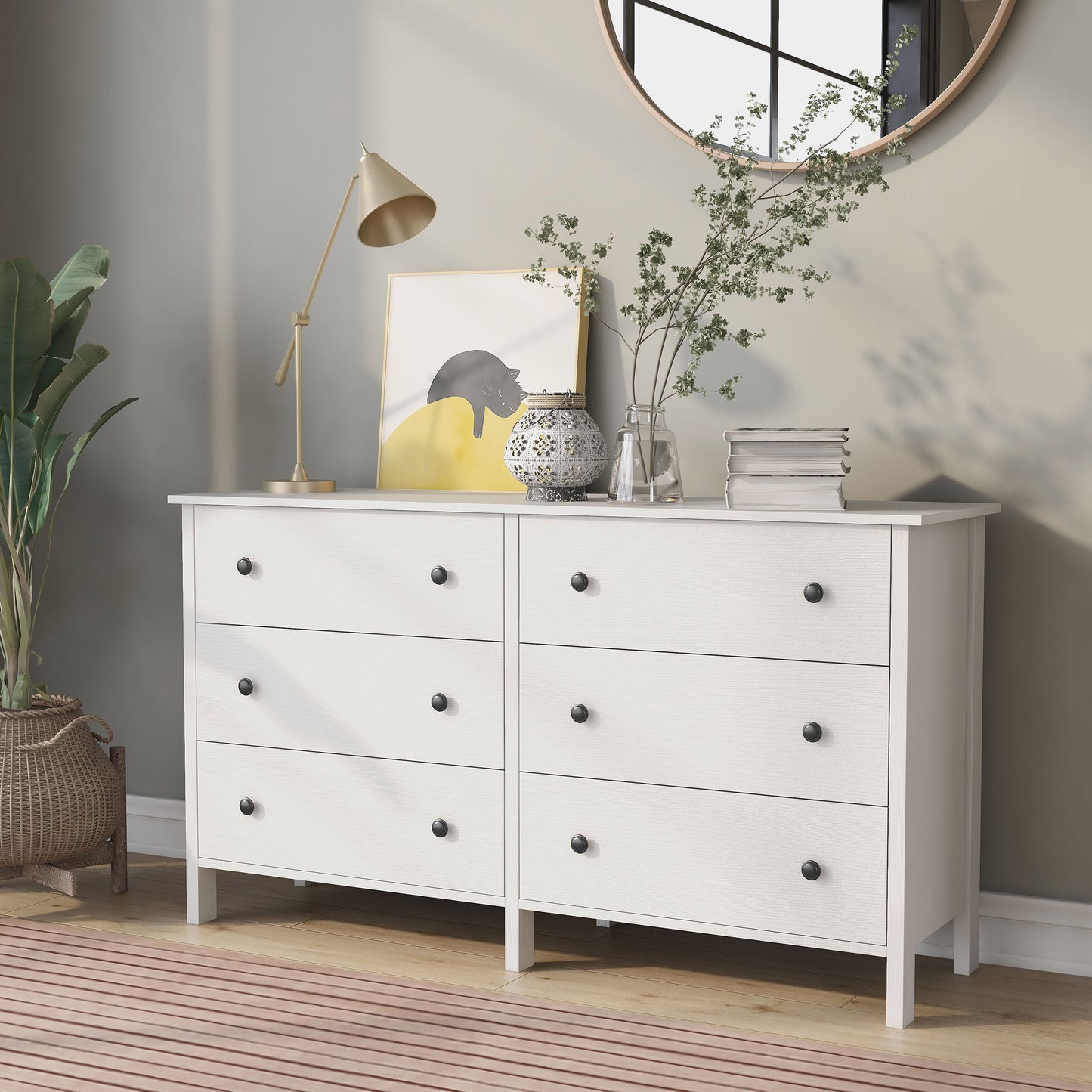Left angled transitional white six-drawer youth dresser in a bedroom with accessories