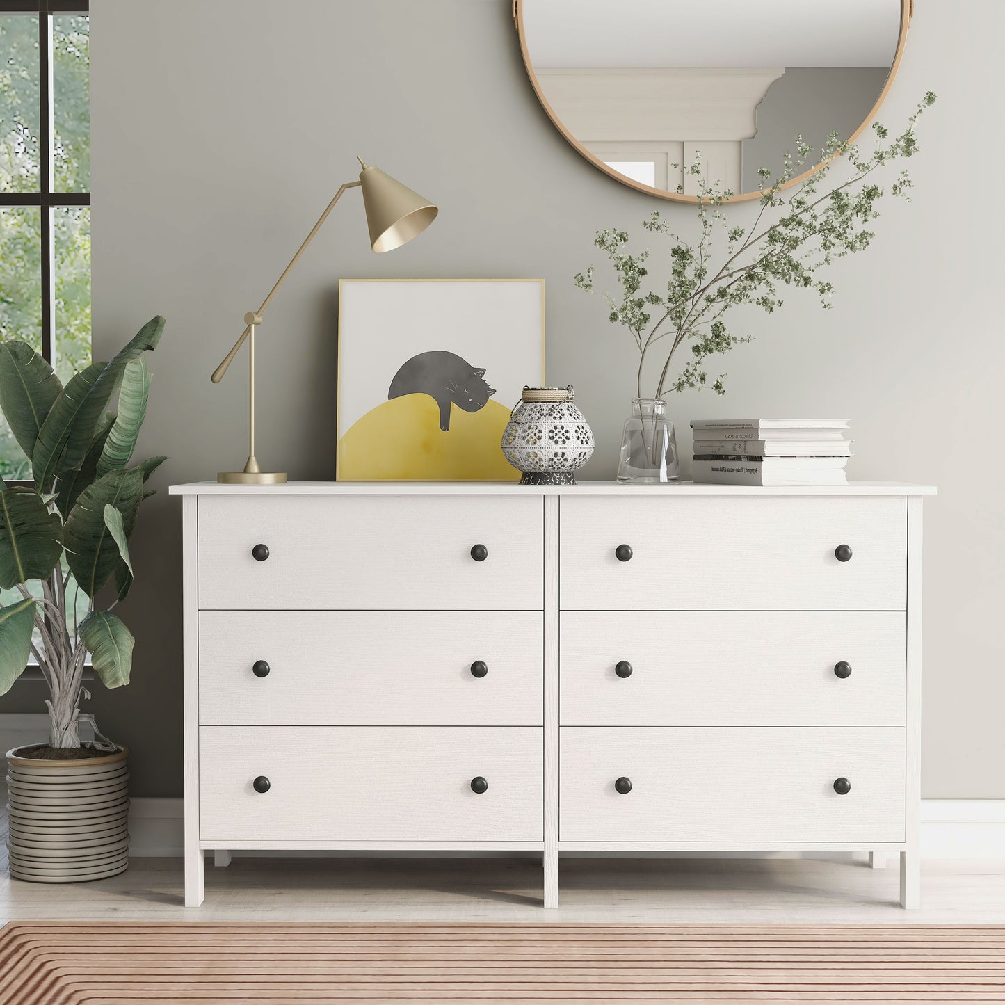 Front-facing transitional white six-drawer youth dresser in a bedroom with accessories