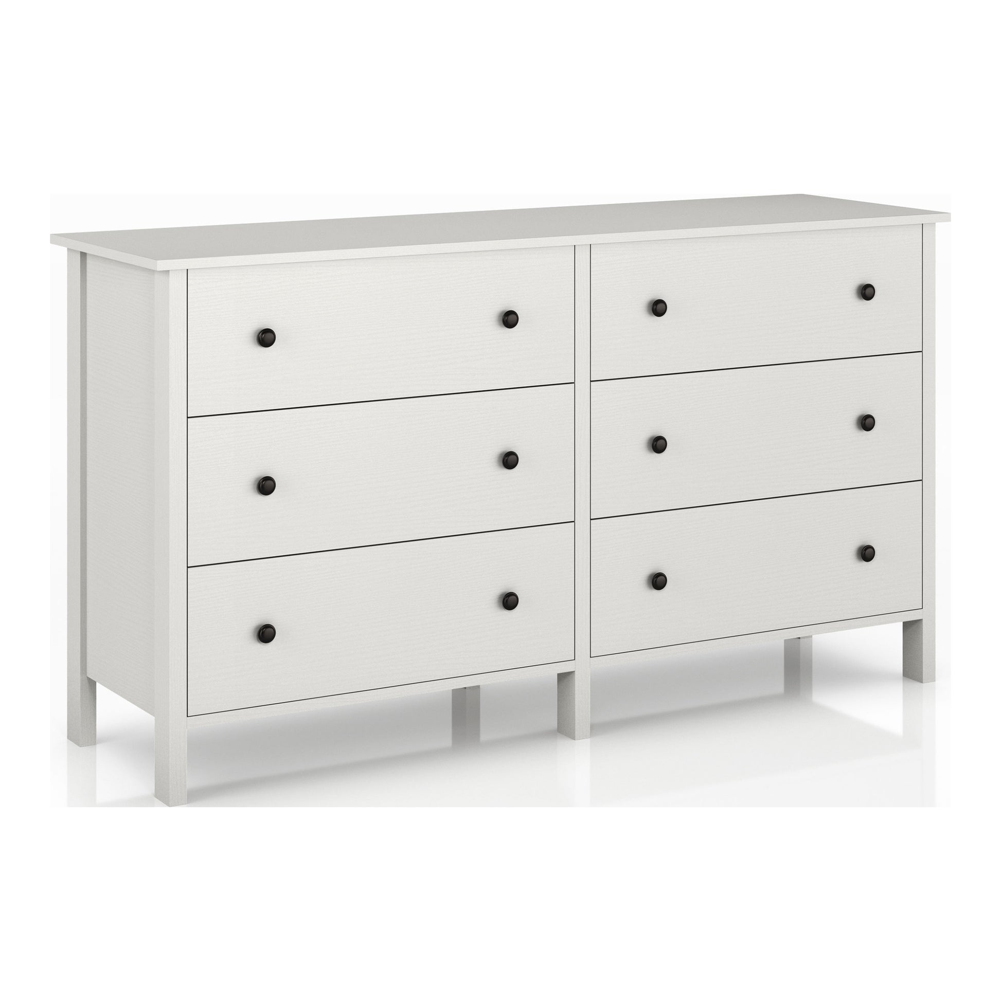 Right angled transitional white six-drawer youth dresser on a white background