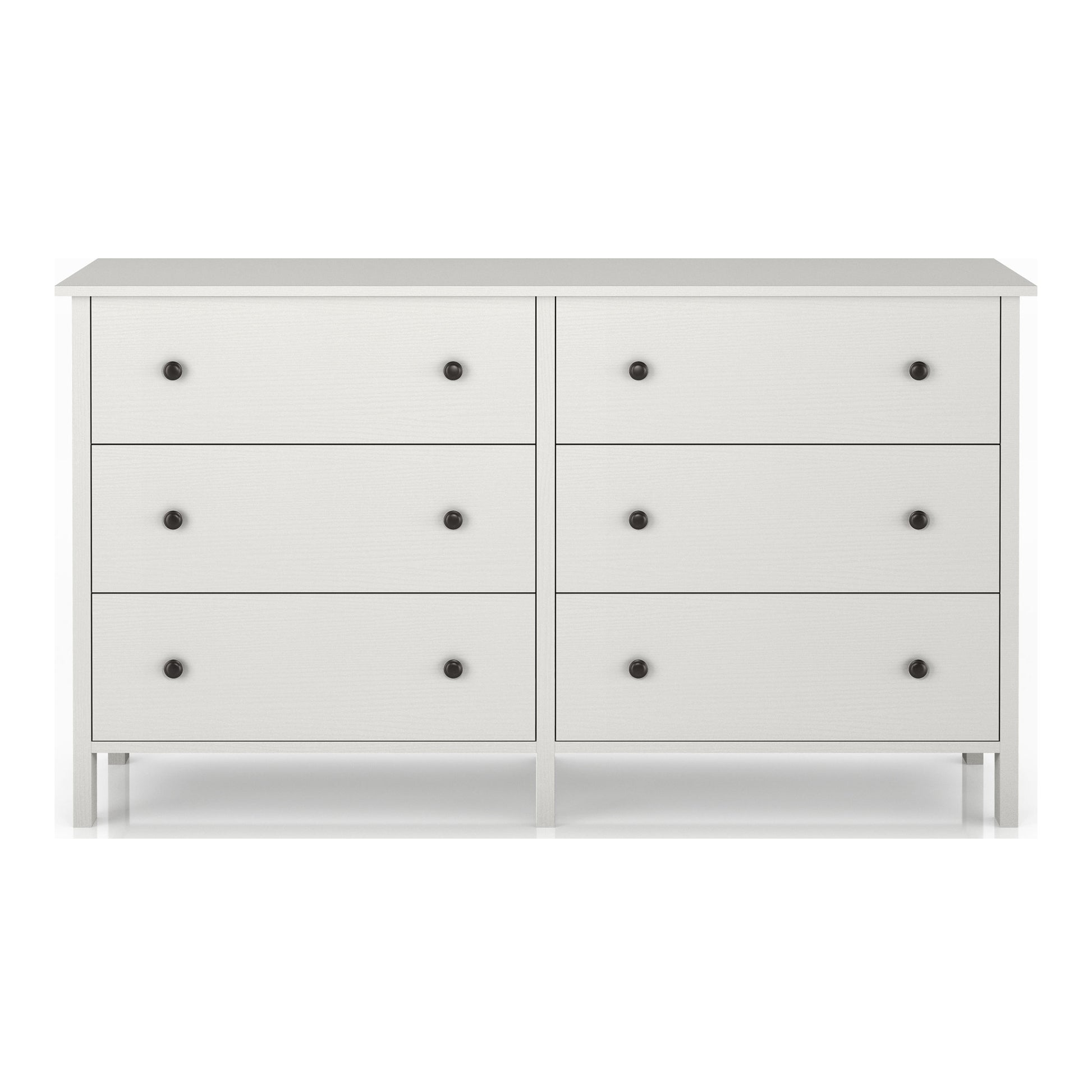 Front-facing transitional white six-drawer youth dresser on a white background