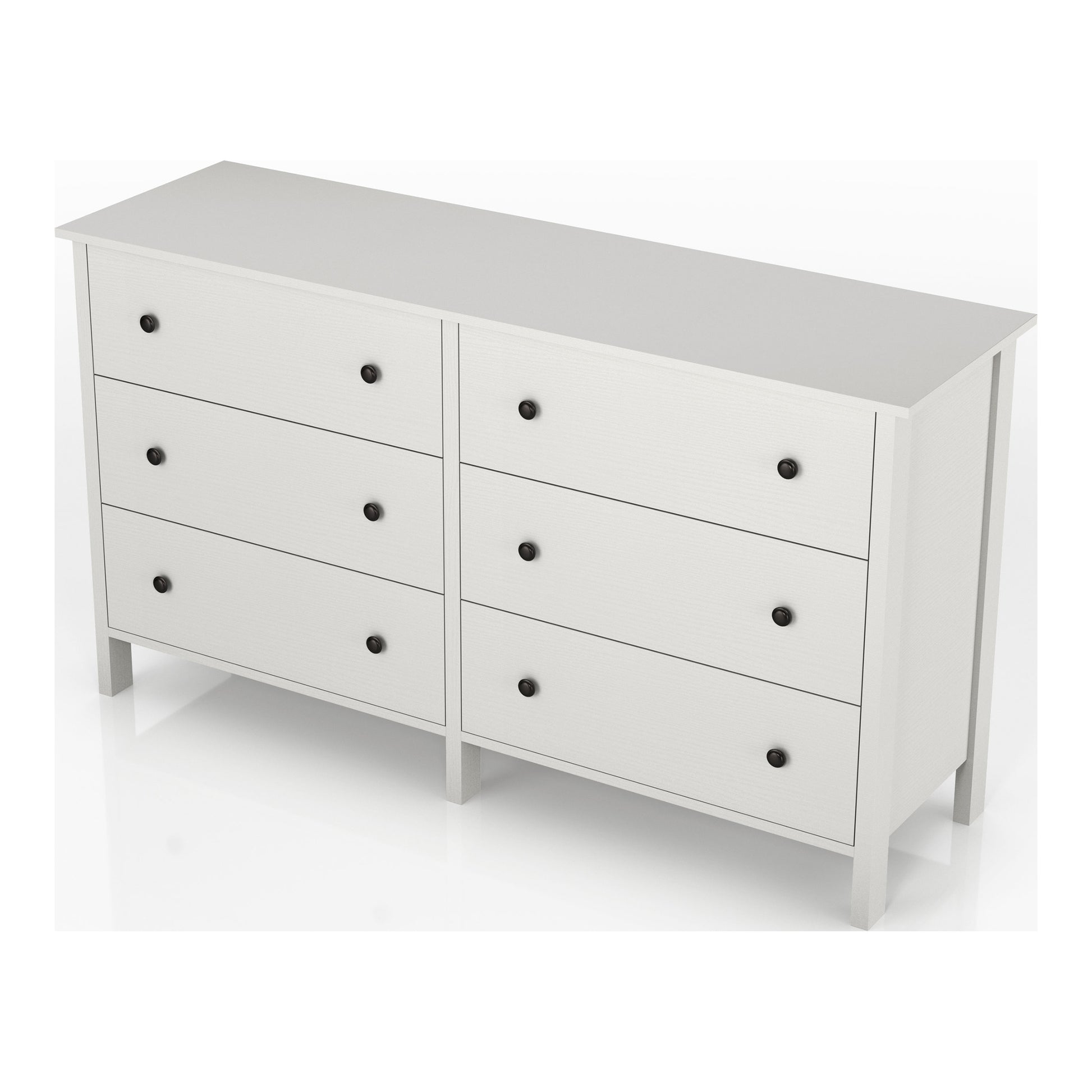 Left angled upper view of a transitional white six-drawer youth dresser on a white background