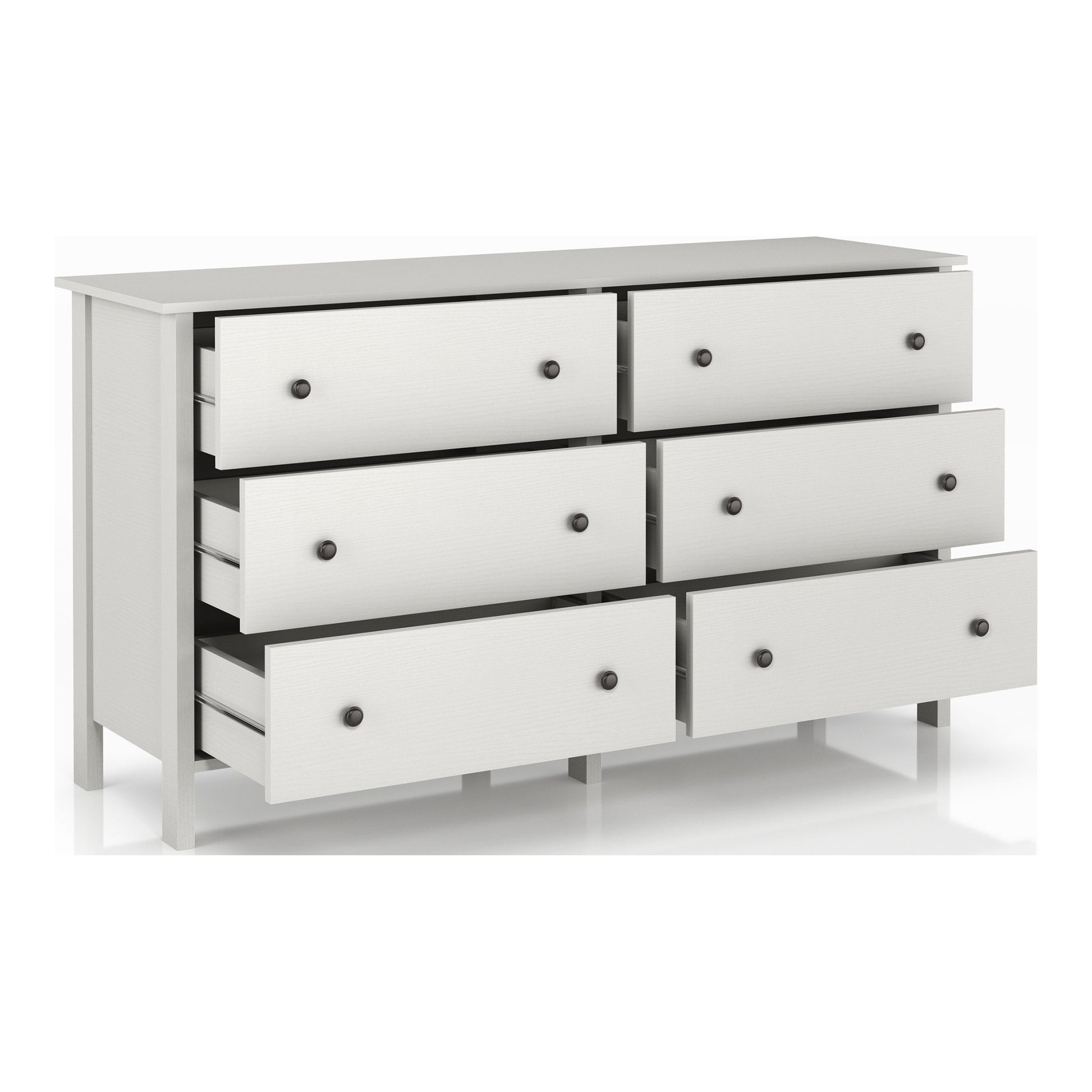 Right angled transitional white six-drawer youth dresser with all drawers open on a white background