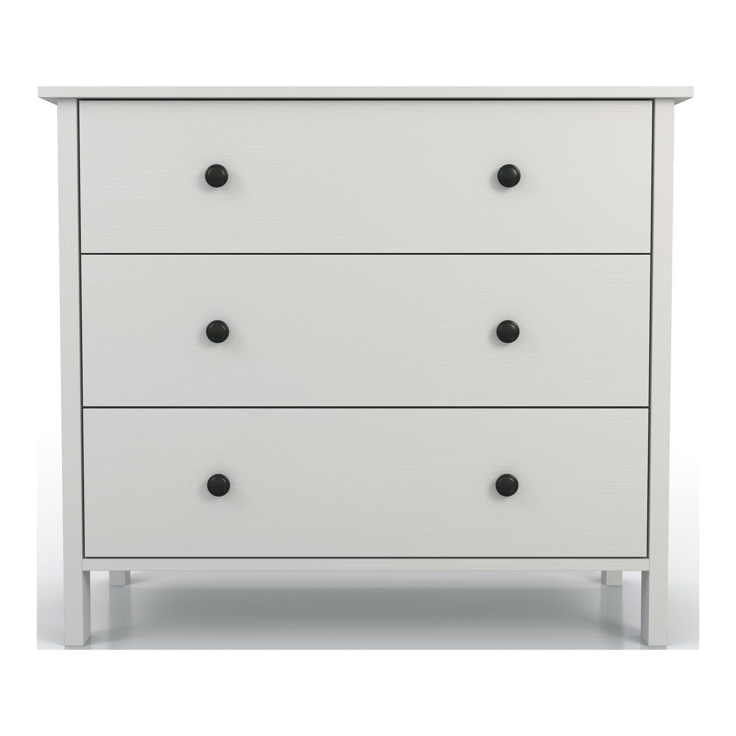 Front-facing transitional white three-drawer youth dresser on a white background