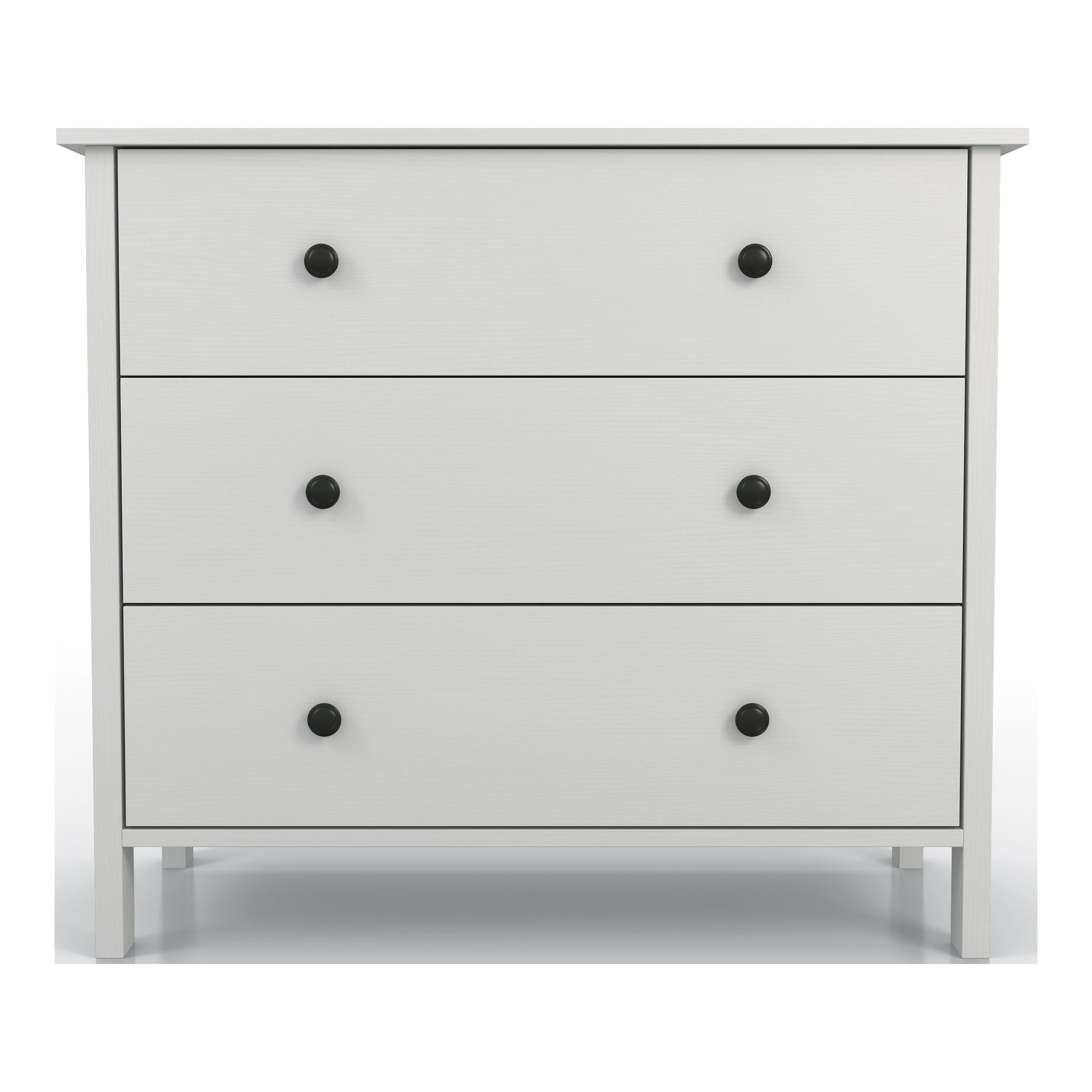 Front-facing transitional white three-drawer youth dresser on a white background