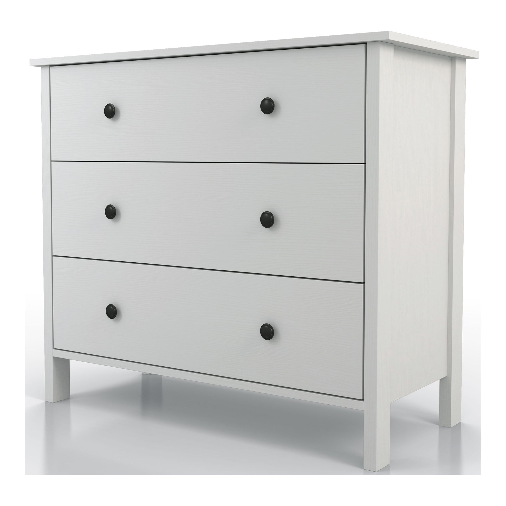 Left angled transitional white three-drawer youth dresser on a white background