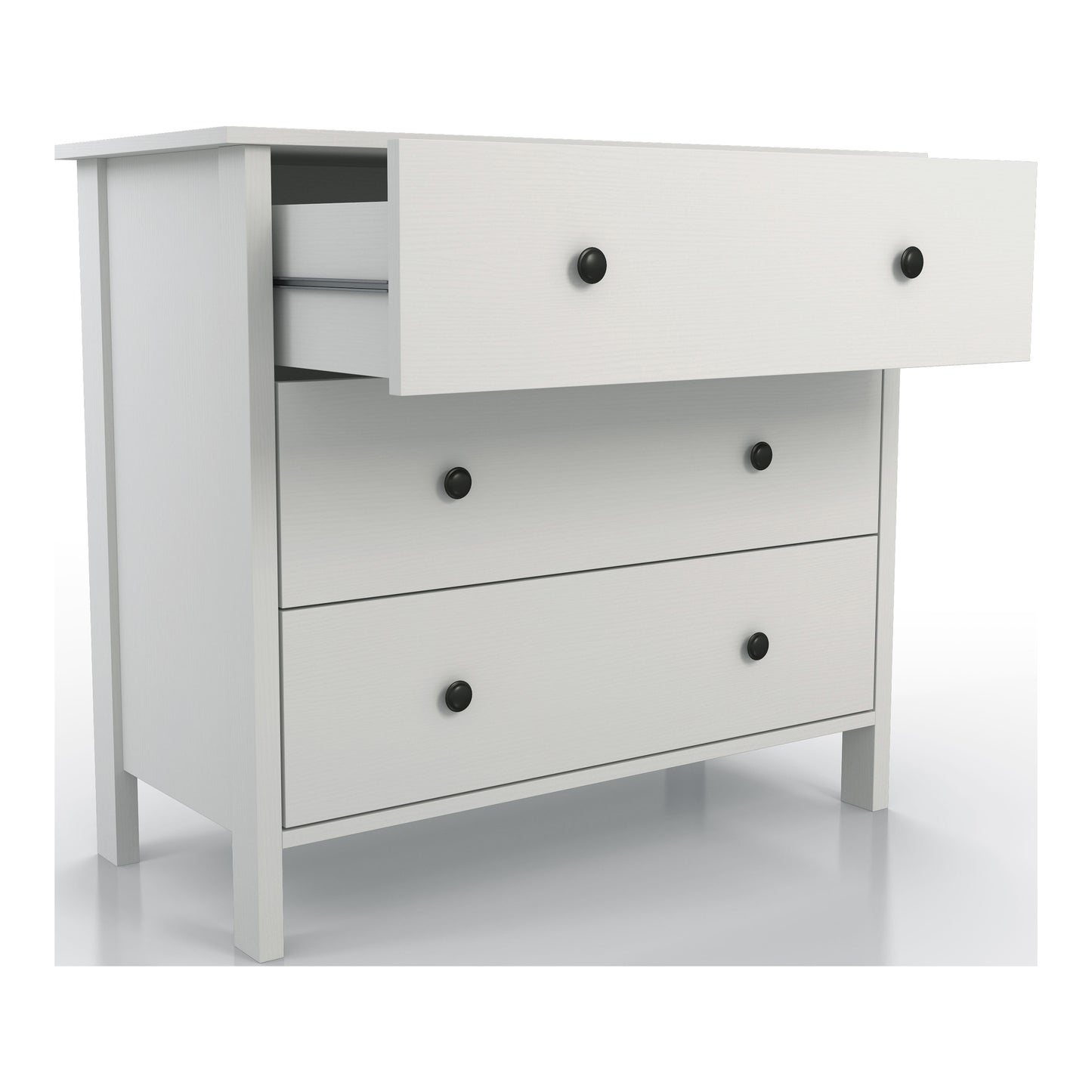 Right angled transitional white three-drawer youth dresser with top drawer open on a white background