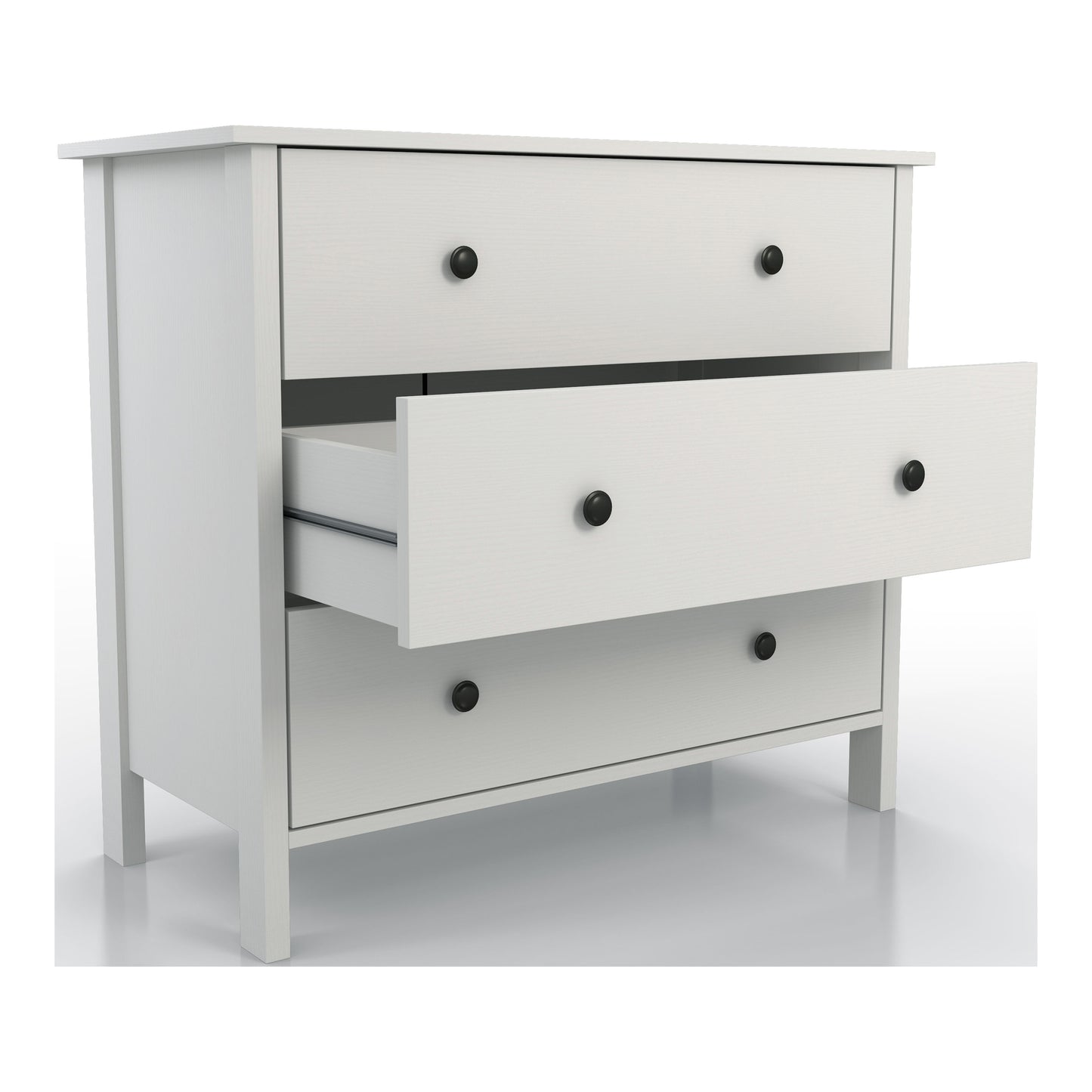 Right angled transitional white three-drawer youth dresser with middle drawer open on a white background