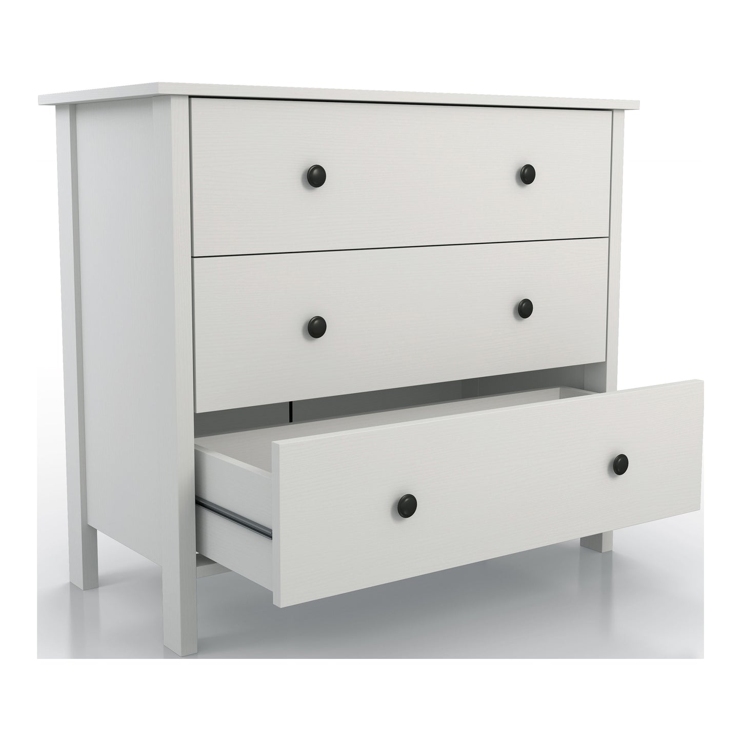 Right angled transitional white three-drawer youth dresser with bottom drawer open on a white background
