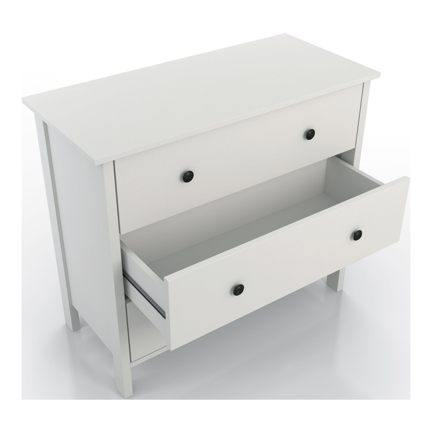 Right angled bird's eye view of a transitional white three-drawer youth dresser with middle drawer open on a white background