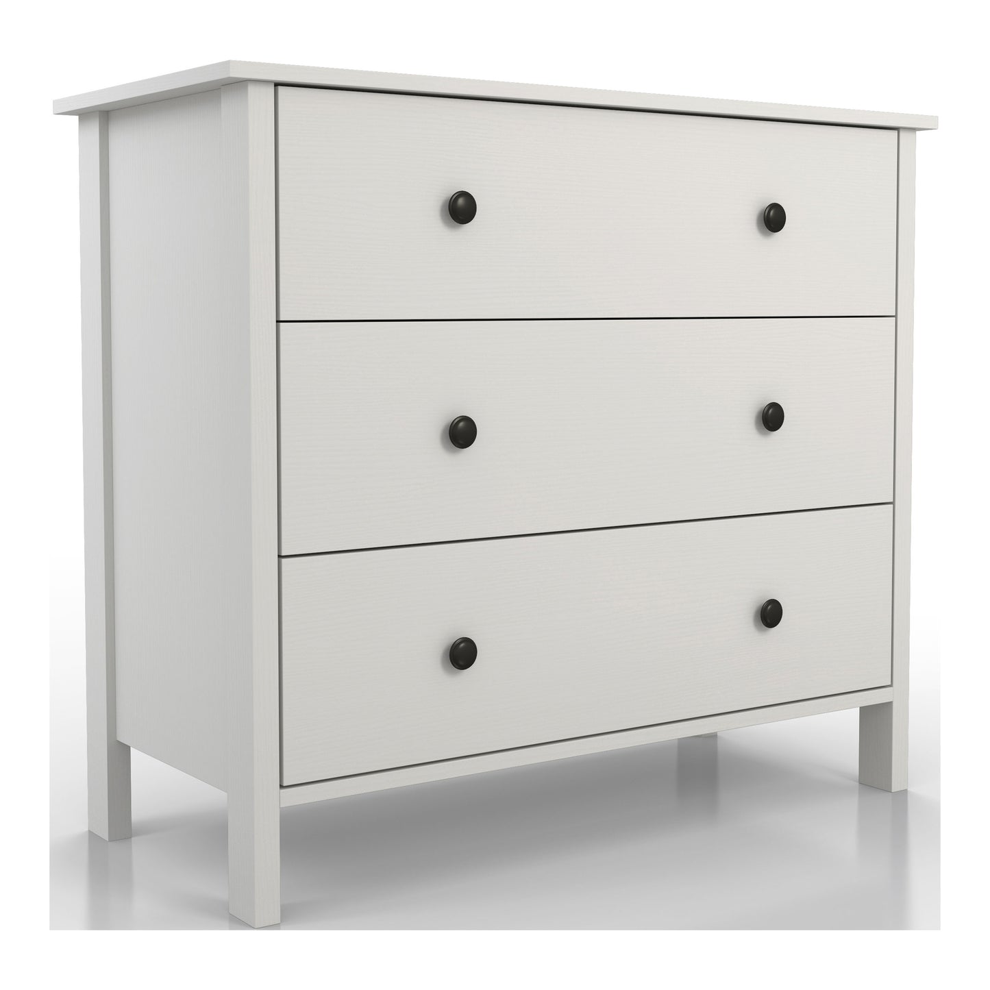 Right angled transitional white three-drawer youth dresser on a white background