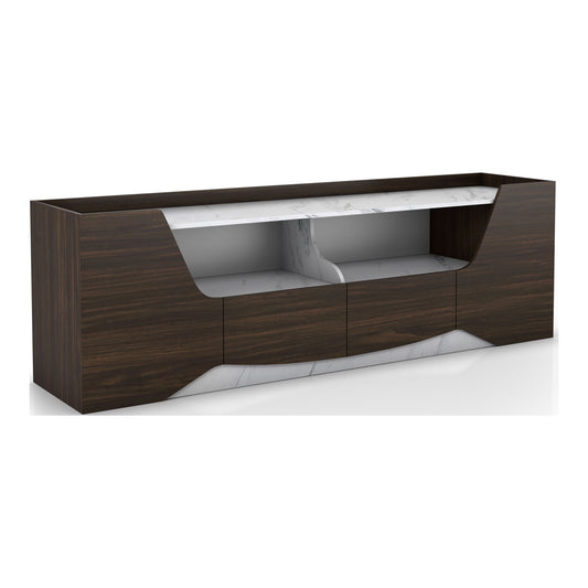 Right angled transitional wenge and faux marble two-drawer TV stand on a white background