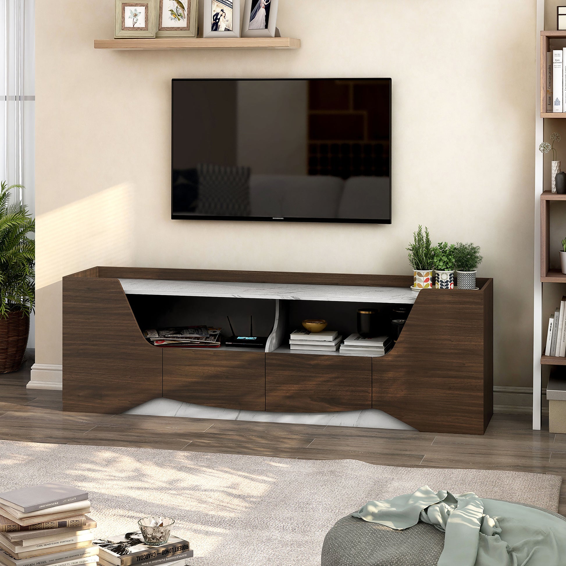 Left angled transitional wenge and faux marble two-drawer TV stand in a living room with accessories