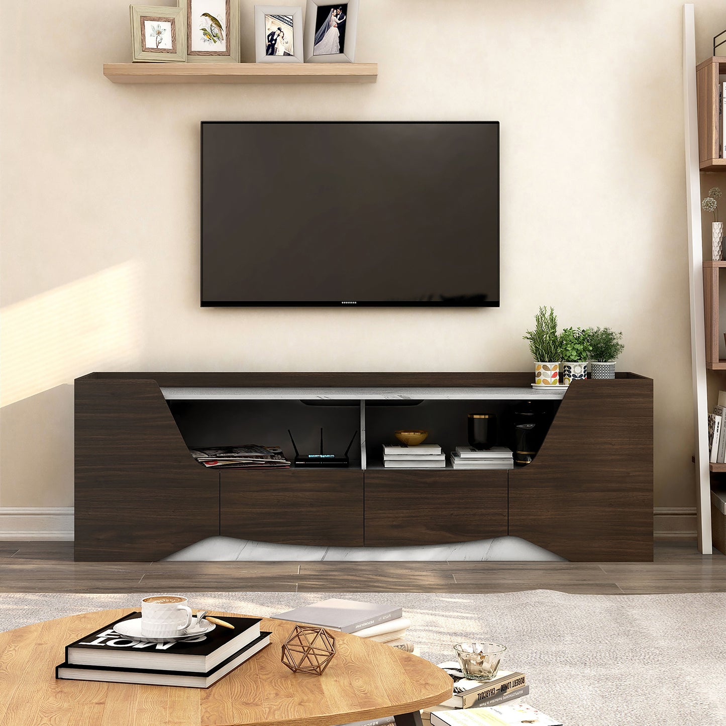 Front-facing transitional wenge and faux marble two-drawer TV stand in a living room with accessories