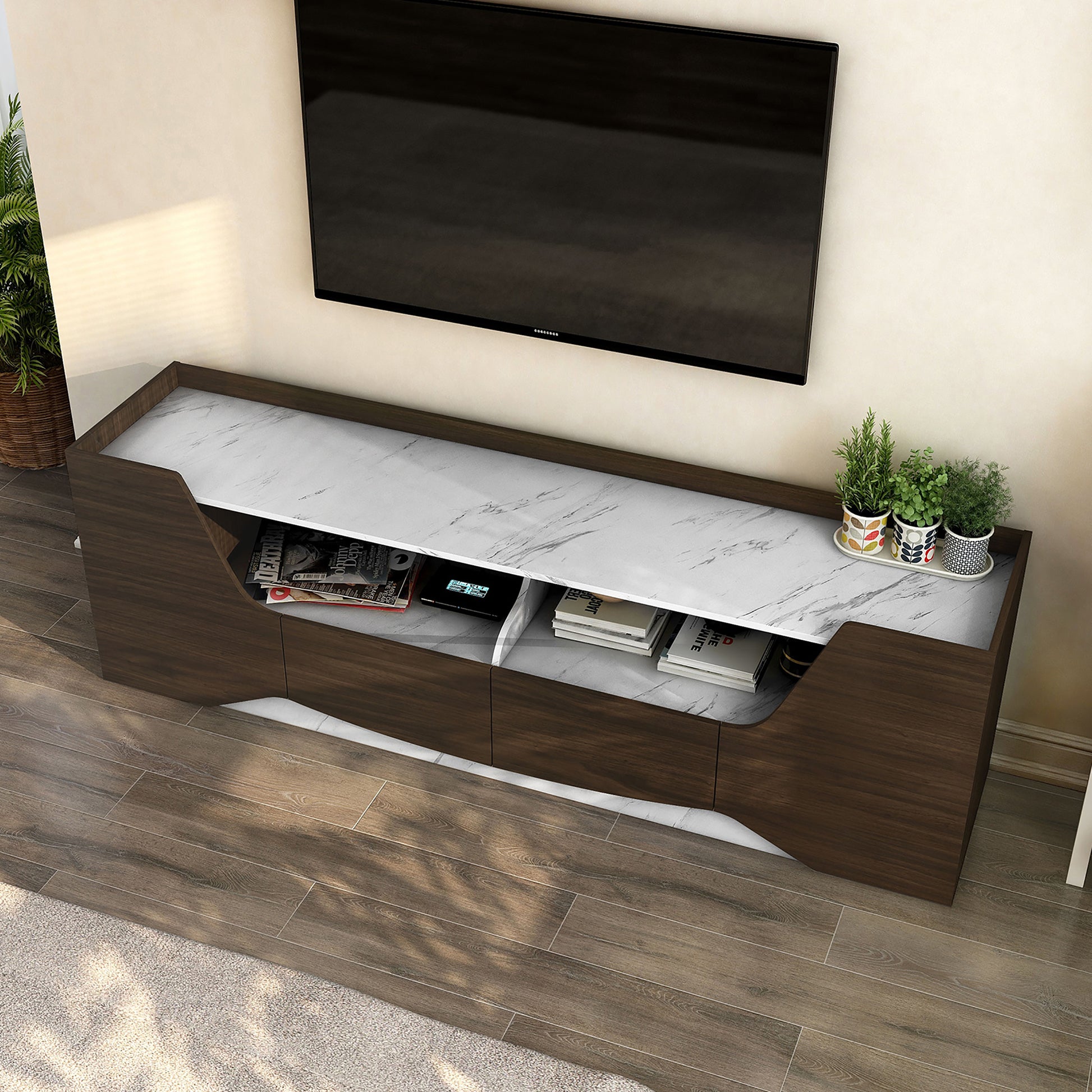 Left angled bird's eye view of a transitional wenge and faux marble two-drawer TV stand in a living room with accessories