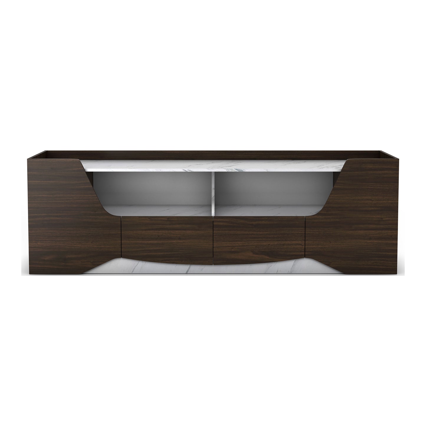 Front-facing transitional wenge and faux marble two-drawer TV stand on a white background