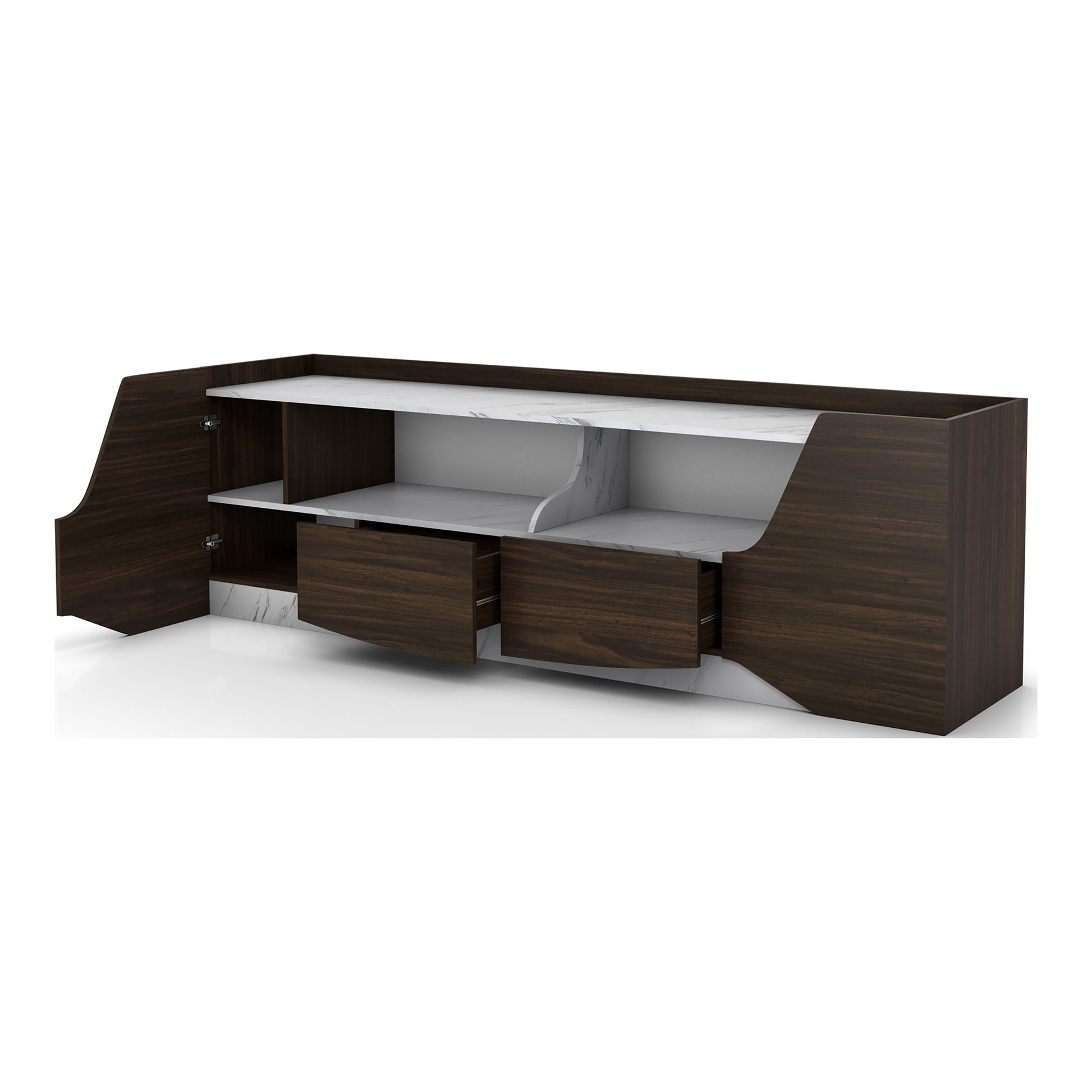 Left angled transitional wenge and faux marble two-drawer TV stand with drawers and one door open on a white background