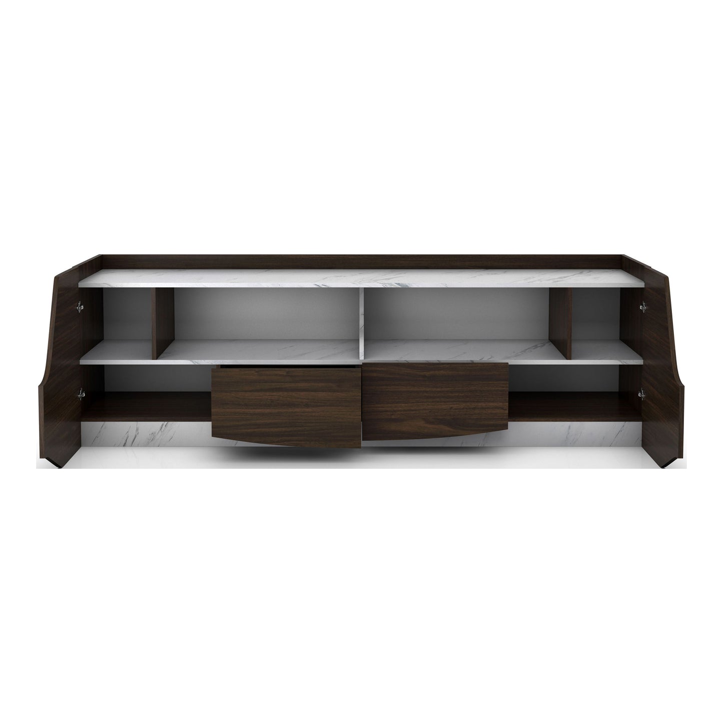 Front-facing transitional wenge and faux marble two-drawer TV stand with drawers and doors open on a white background