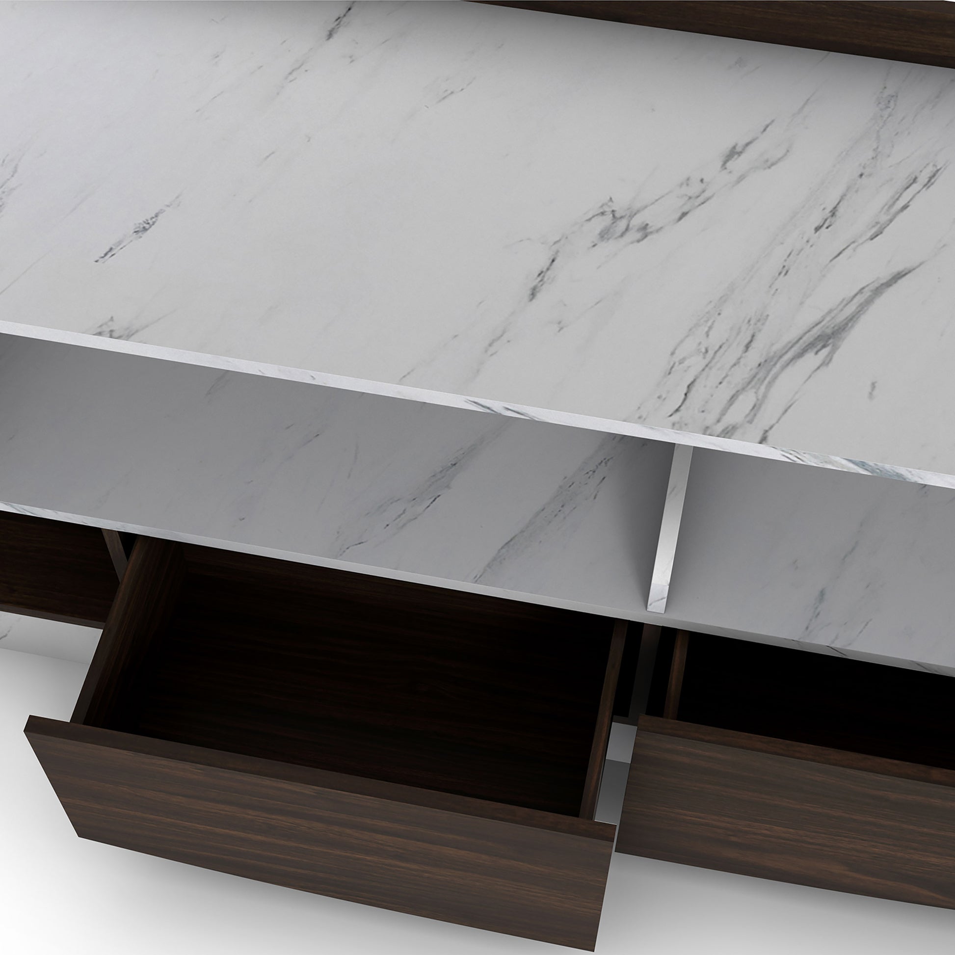Left angled bird's eye closeup of a transitional wenge and faux marble two-drawer TV stand with drawers open on a white background
