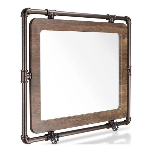 Right angled industrial reclaimed oak and water pipe wall mirror on a white background