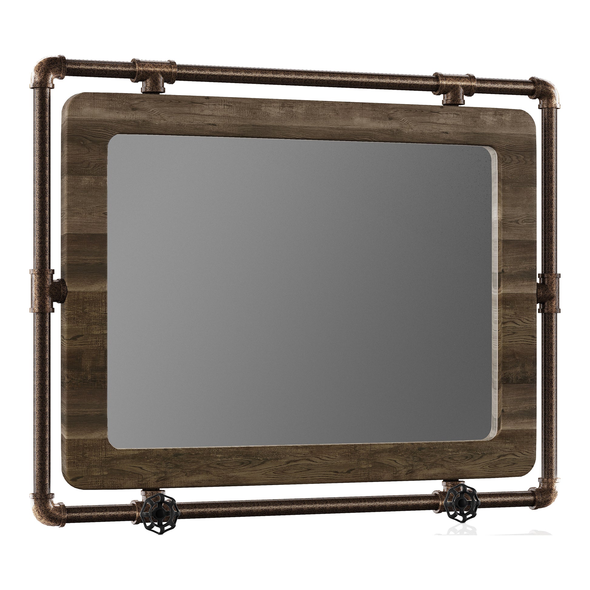 Right angled industrial reclaimed oak and water pipe wall mirror on a white background