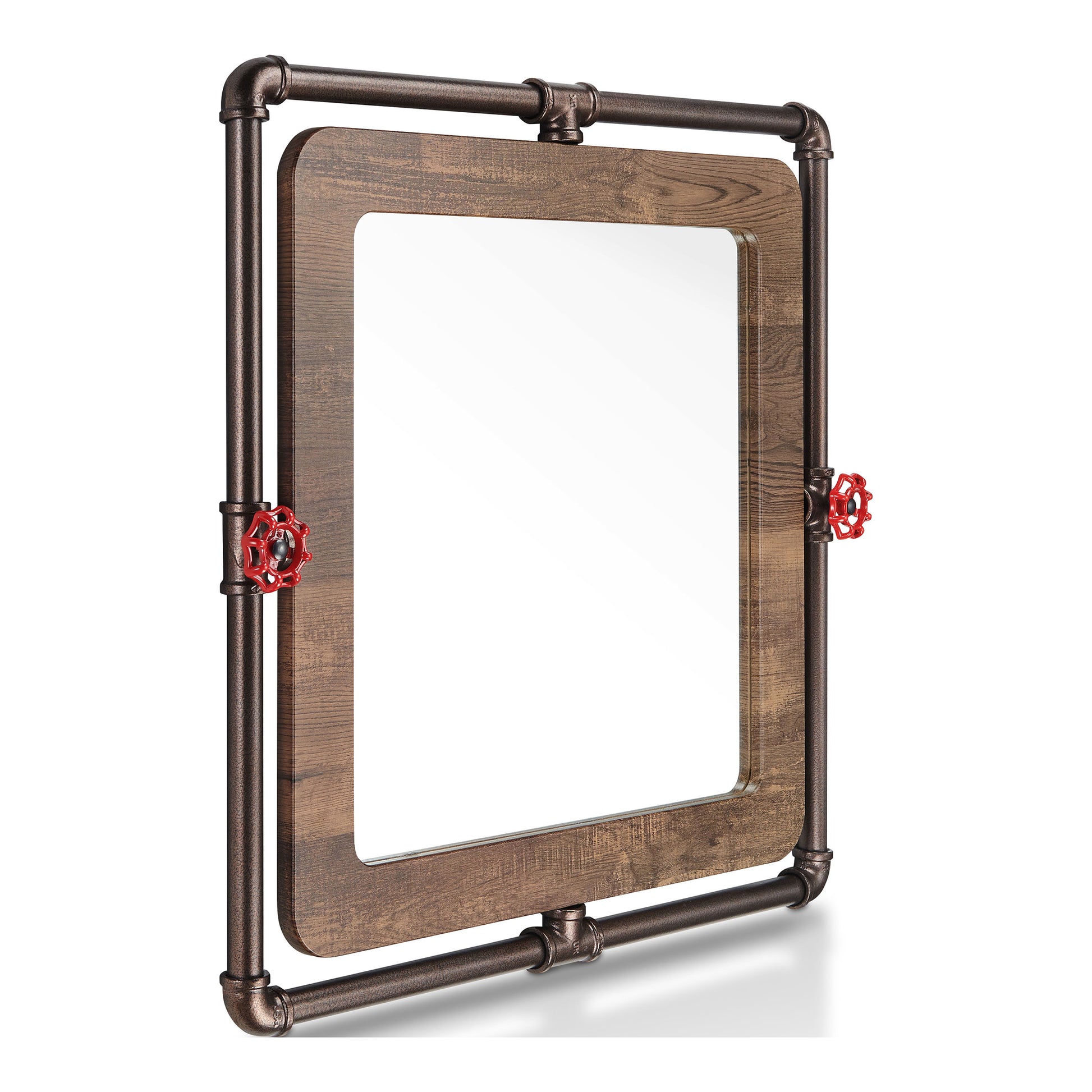 Left angled industrial reclaimed oak and water pipe wall mirror on a white background