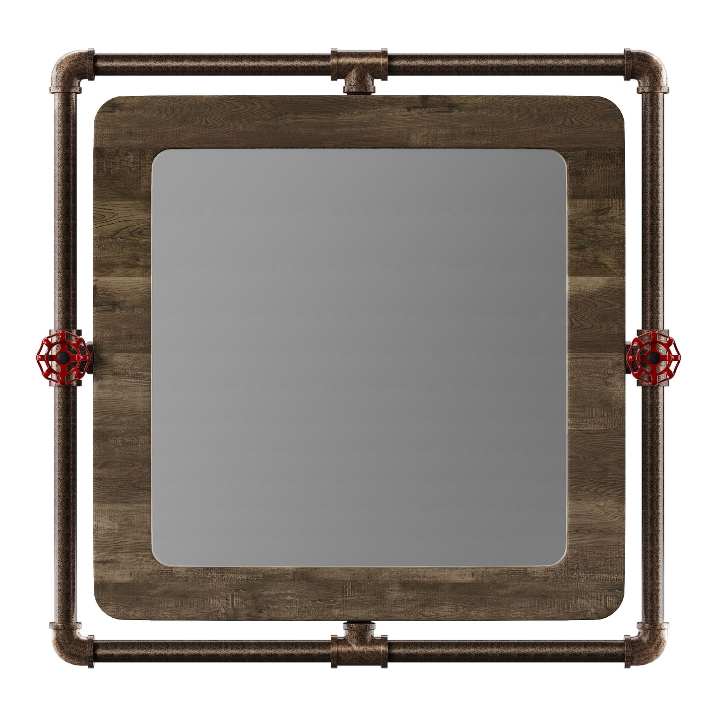 Front-facing industrial reclaimed oak and water pipe wall mirror on a white background