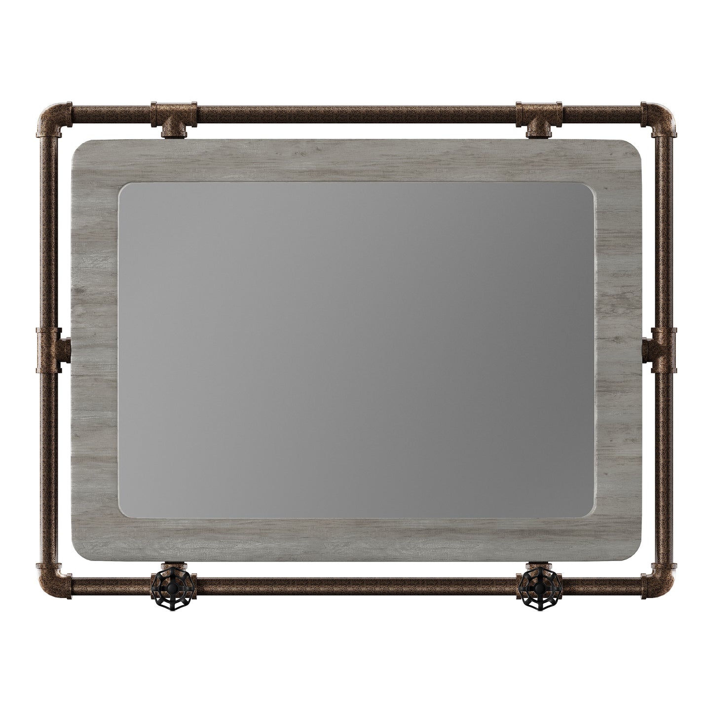 Front-facing industrial vintage gray oak and water pipe wall mirror on a white background