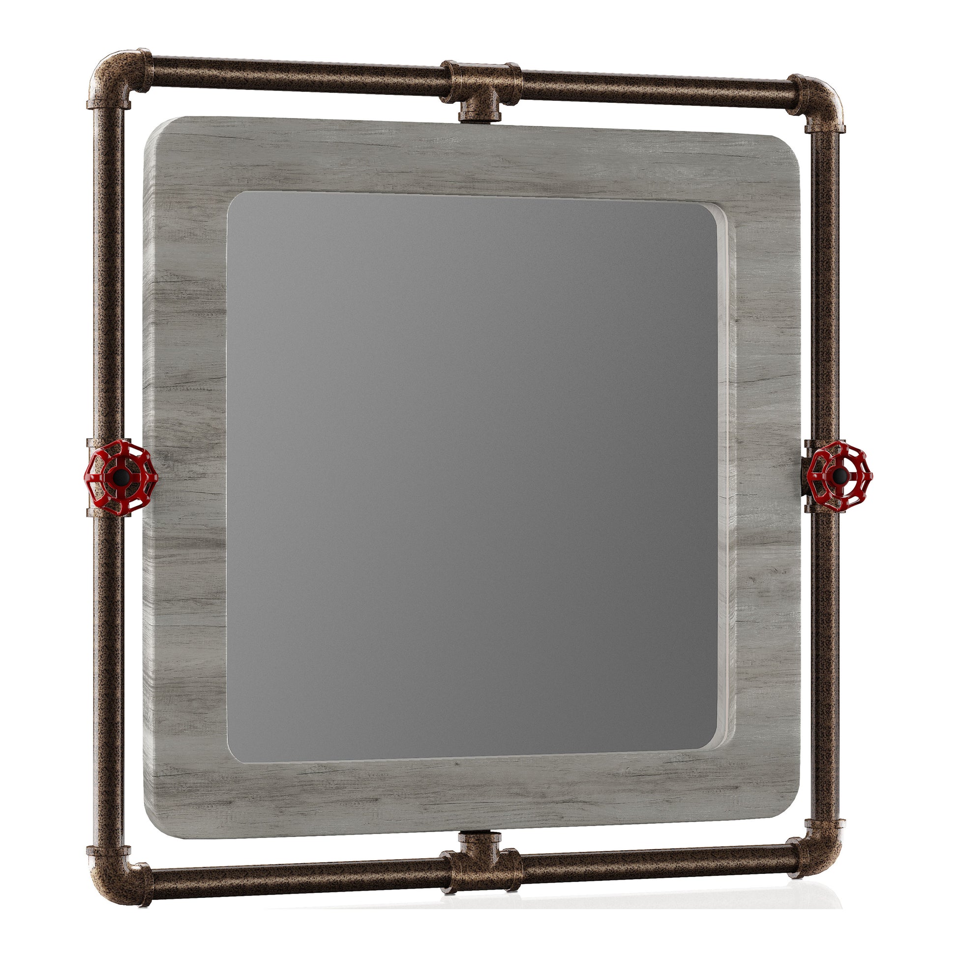 Right angled industrial vintage gray oak and water pipe wall mirror on a white background