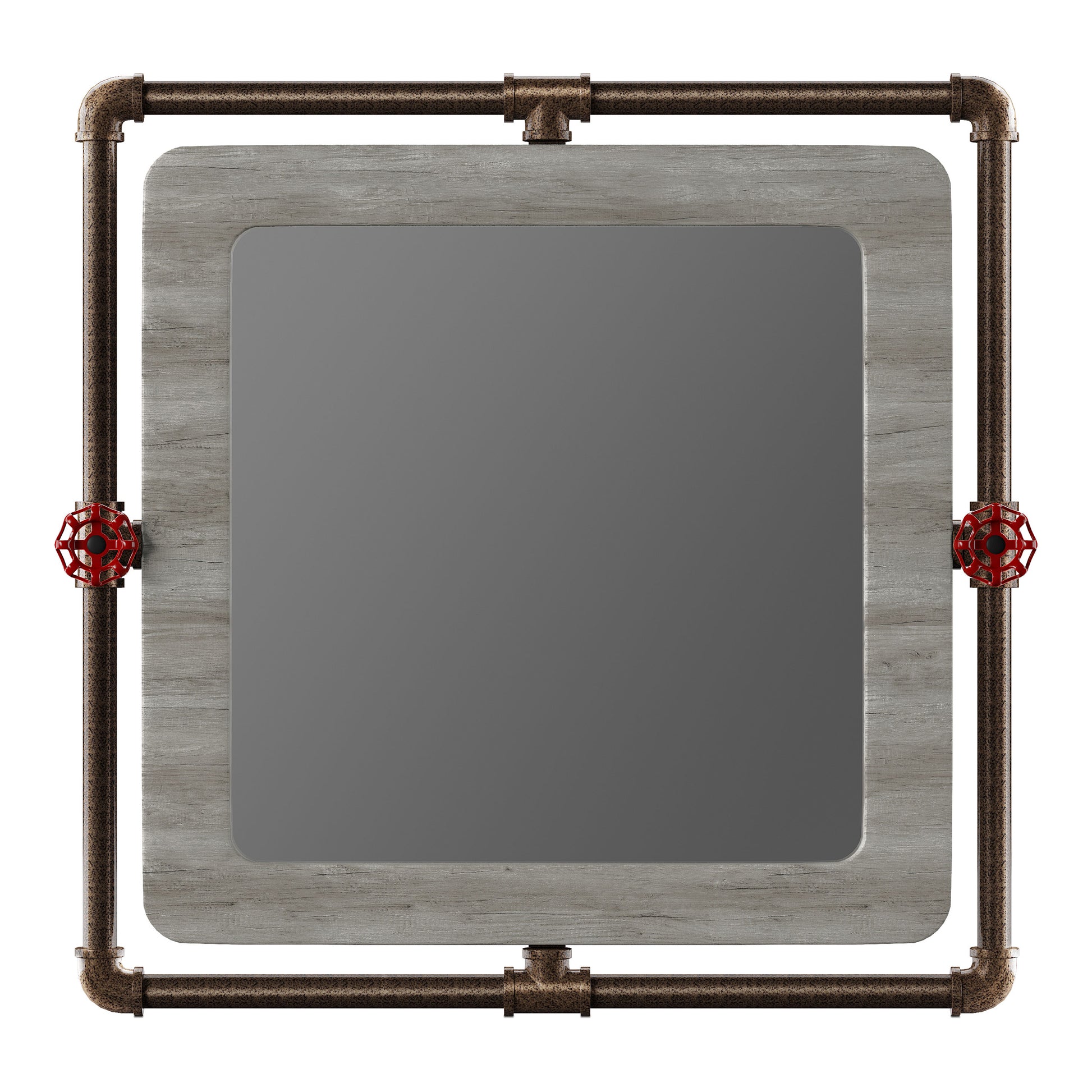 Front-facing industrial vintage gray oak and water pipe wall mirror on a white background
