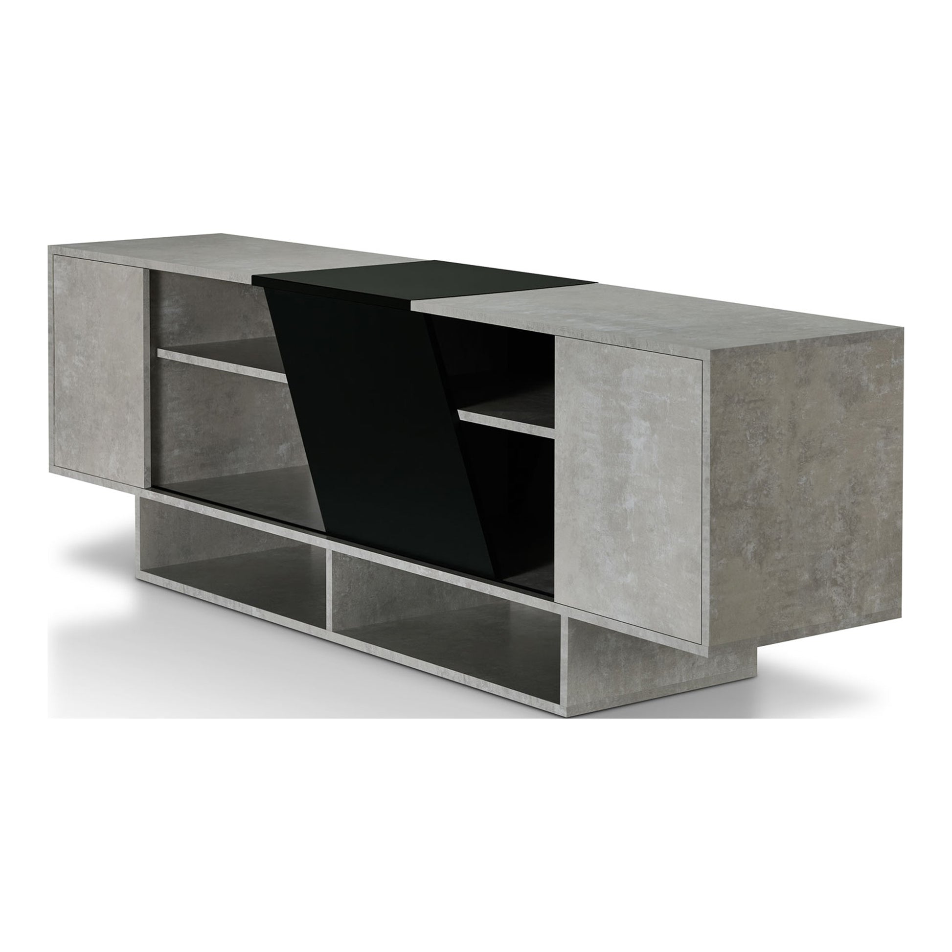 Left angled modern cement gray and black six-shelf TV stand on a white background