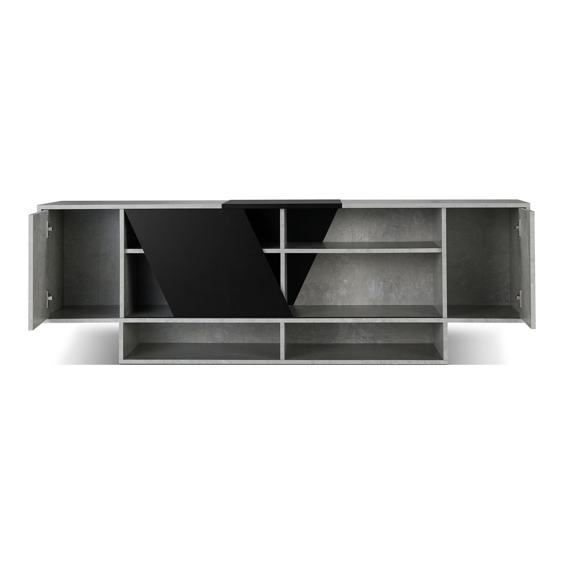 Front-facing modern cement gray and black six-shelf TV stand with doors open on a white background