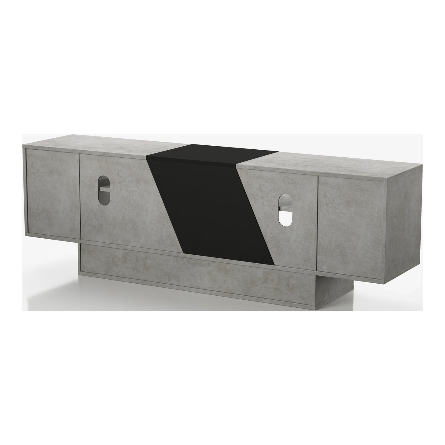 Left angled back view of a modern cement gray and black six-shelf TV stand on a white background