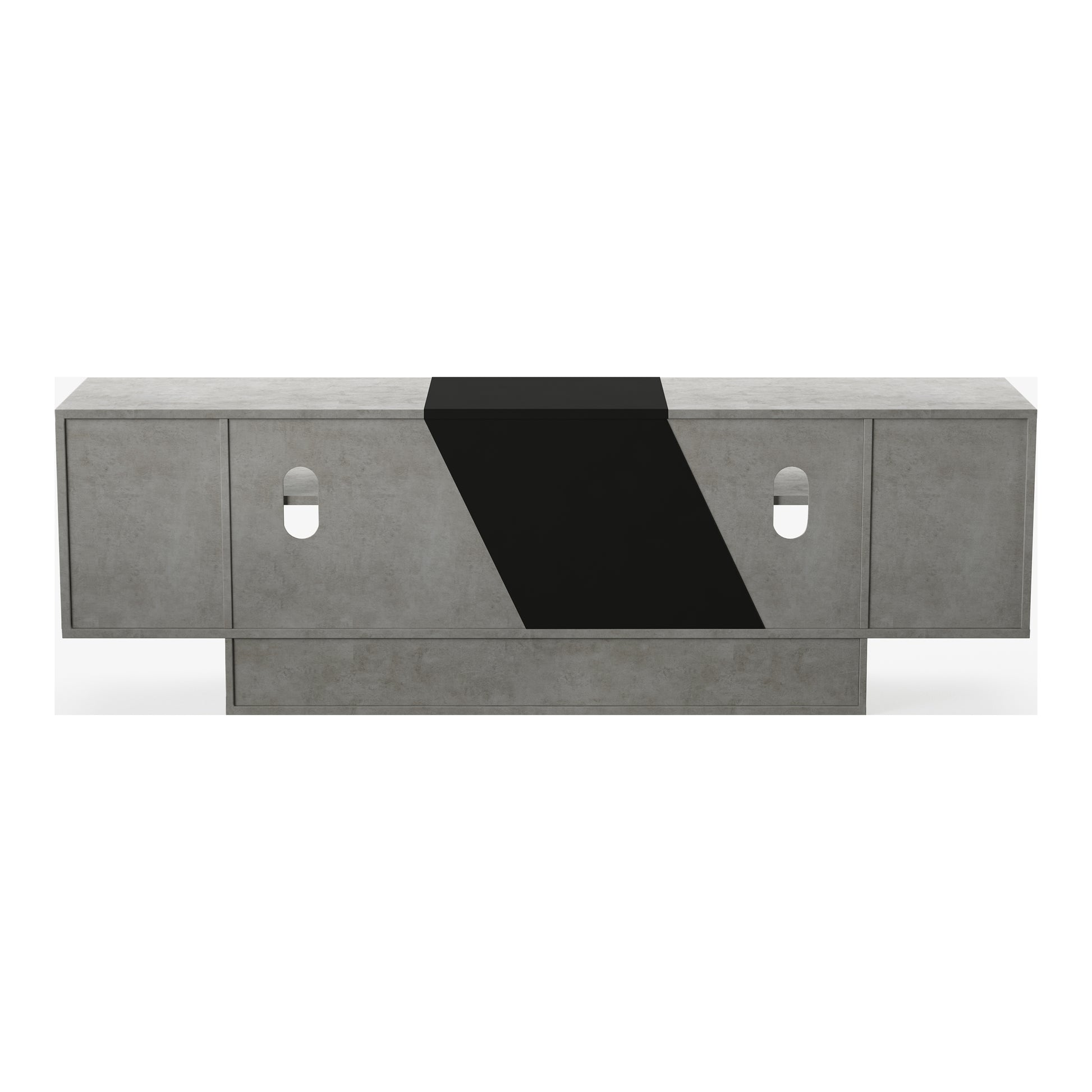 Front-facing back view of a modern cement gray and black six-shelf TV stand with doors open on a white background