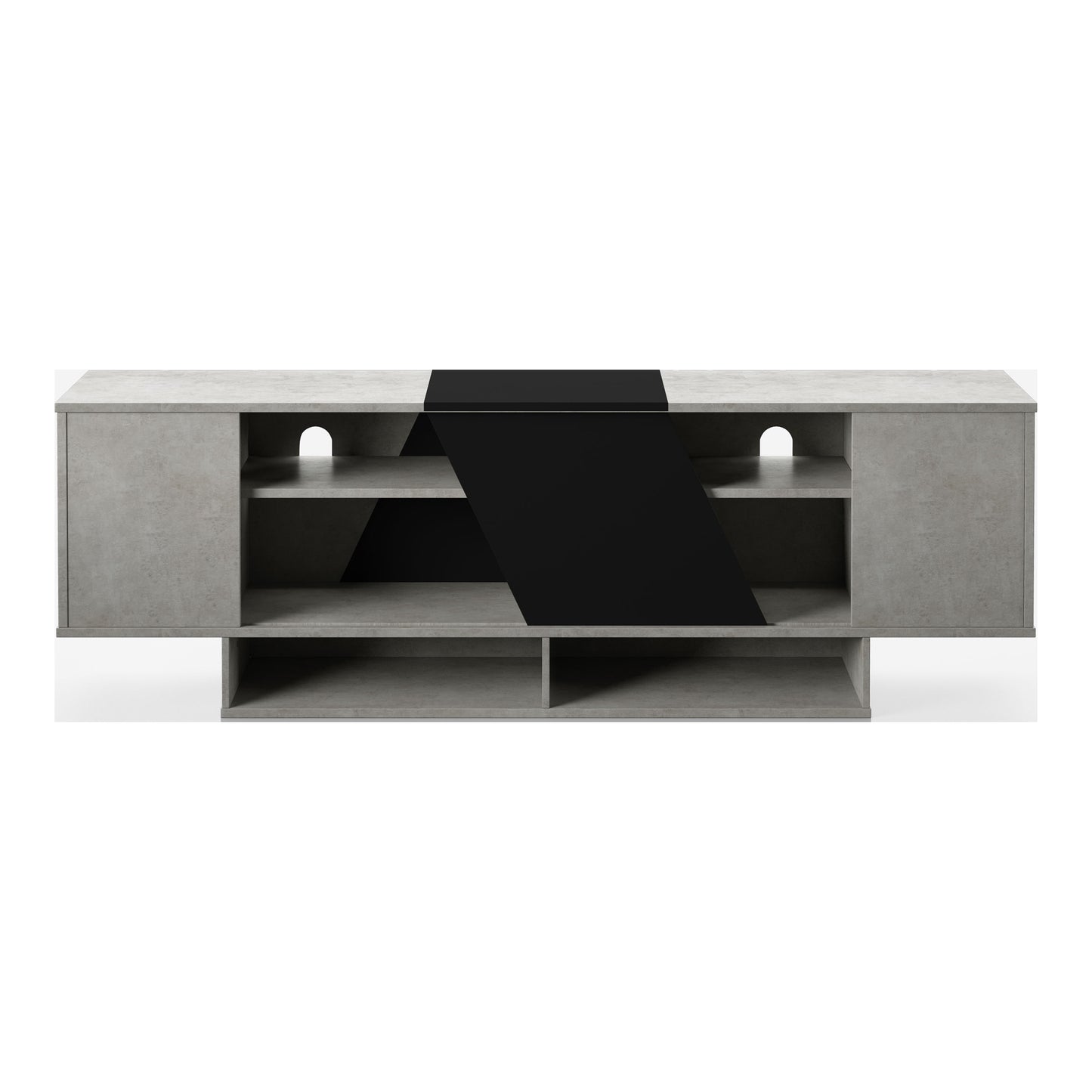 Front-facing modern cement gray and black six-shelf TV stand on a white background