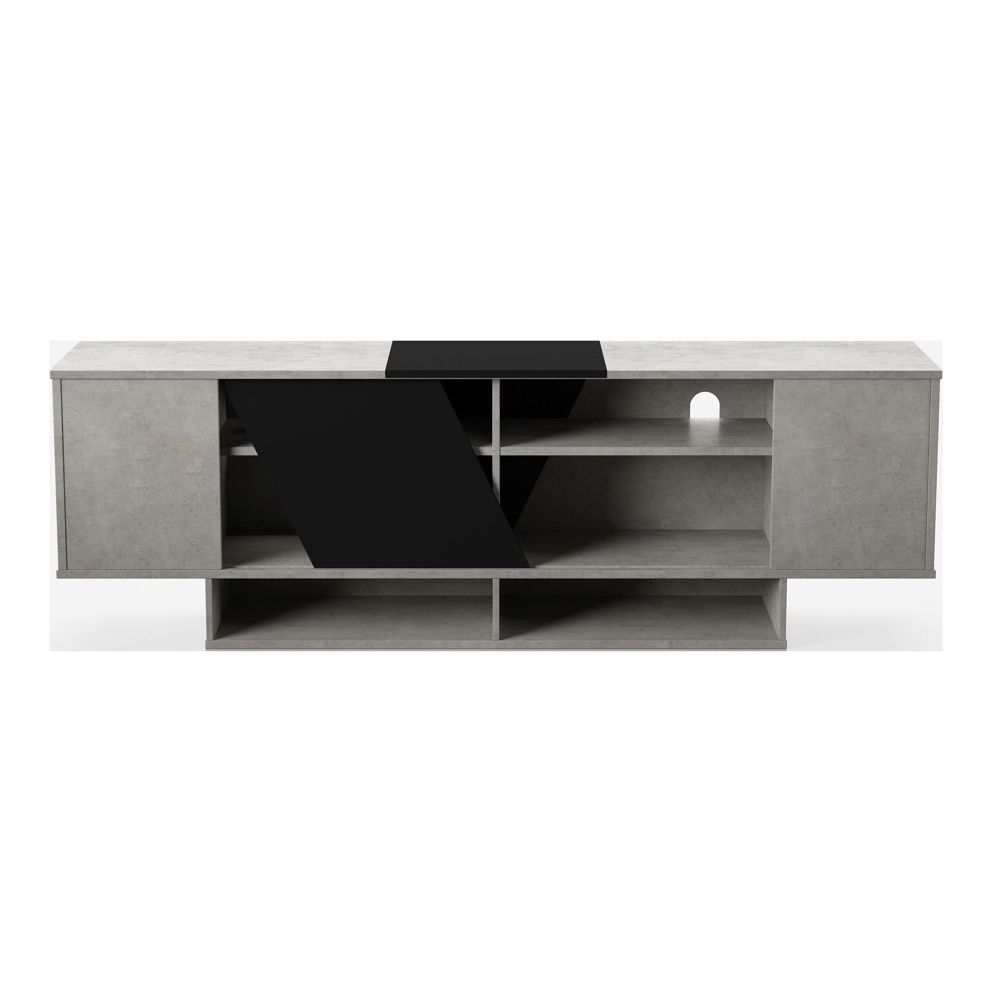 Front-facing modern cement gray and black six-shelf TV stand on a white background